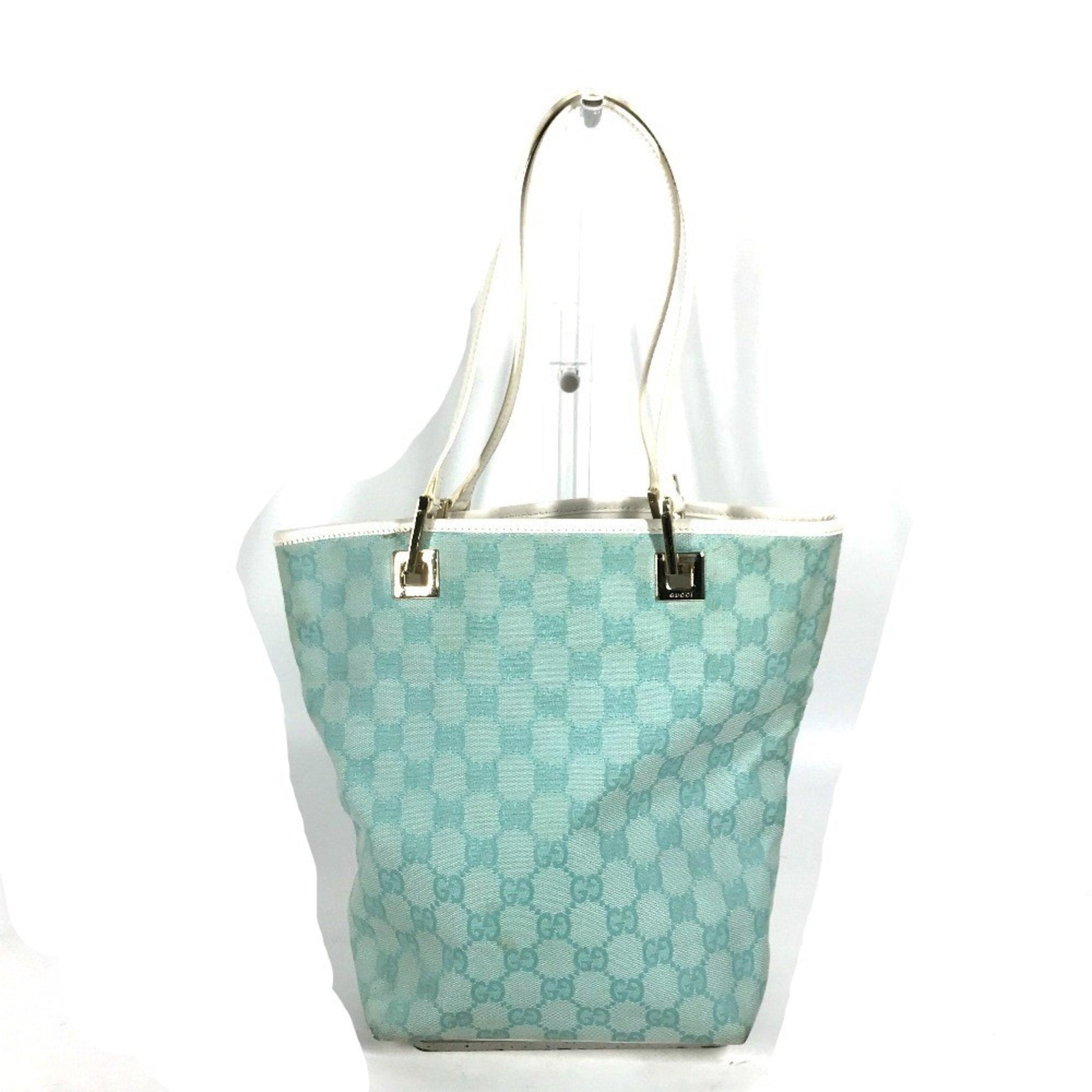 Gucci Blue White Canvas Leather Shoulder Bag Tote Bag