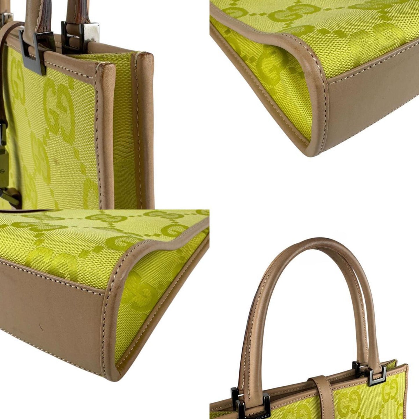Gucci Beige Green Yellow Nylon Canvas Leather Handbag Shoulder Bag