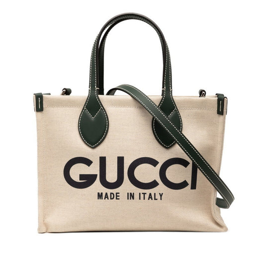 Gucci Beige Green Canvas Leather Shoulder Bag