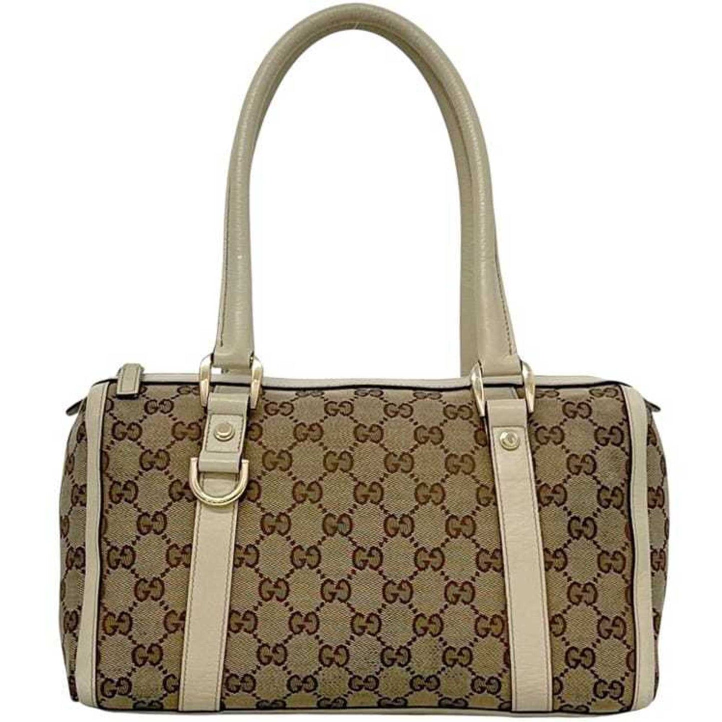 Gucci Beige White Canvas Leather Boston Bag Handbag