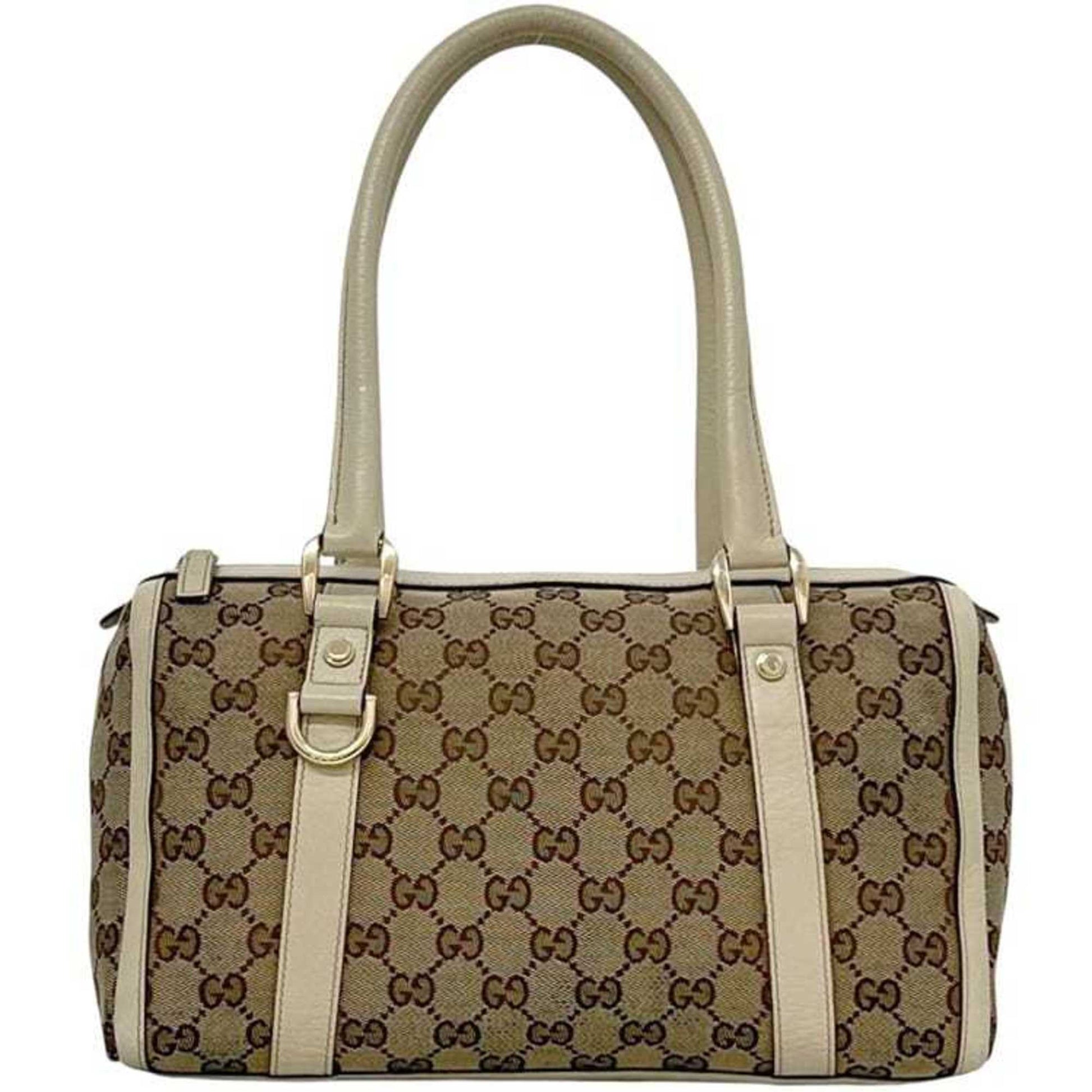 Gucci Beige White Canvas Leather Boston Bag Handbag