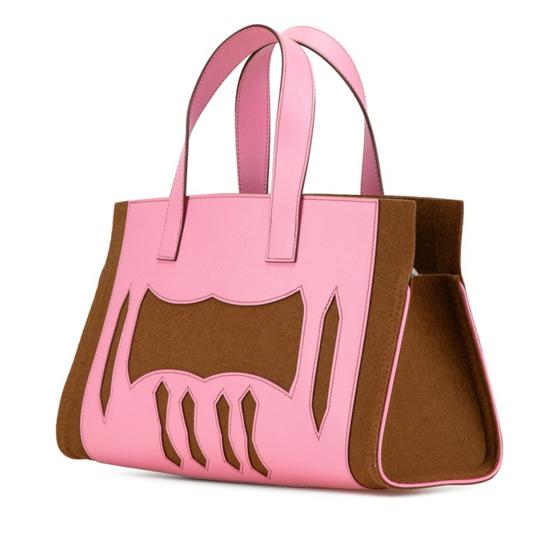 Hermes Felt Epsom Handbag Tote Bag Leather Brown Pink