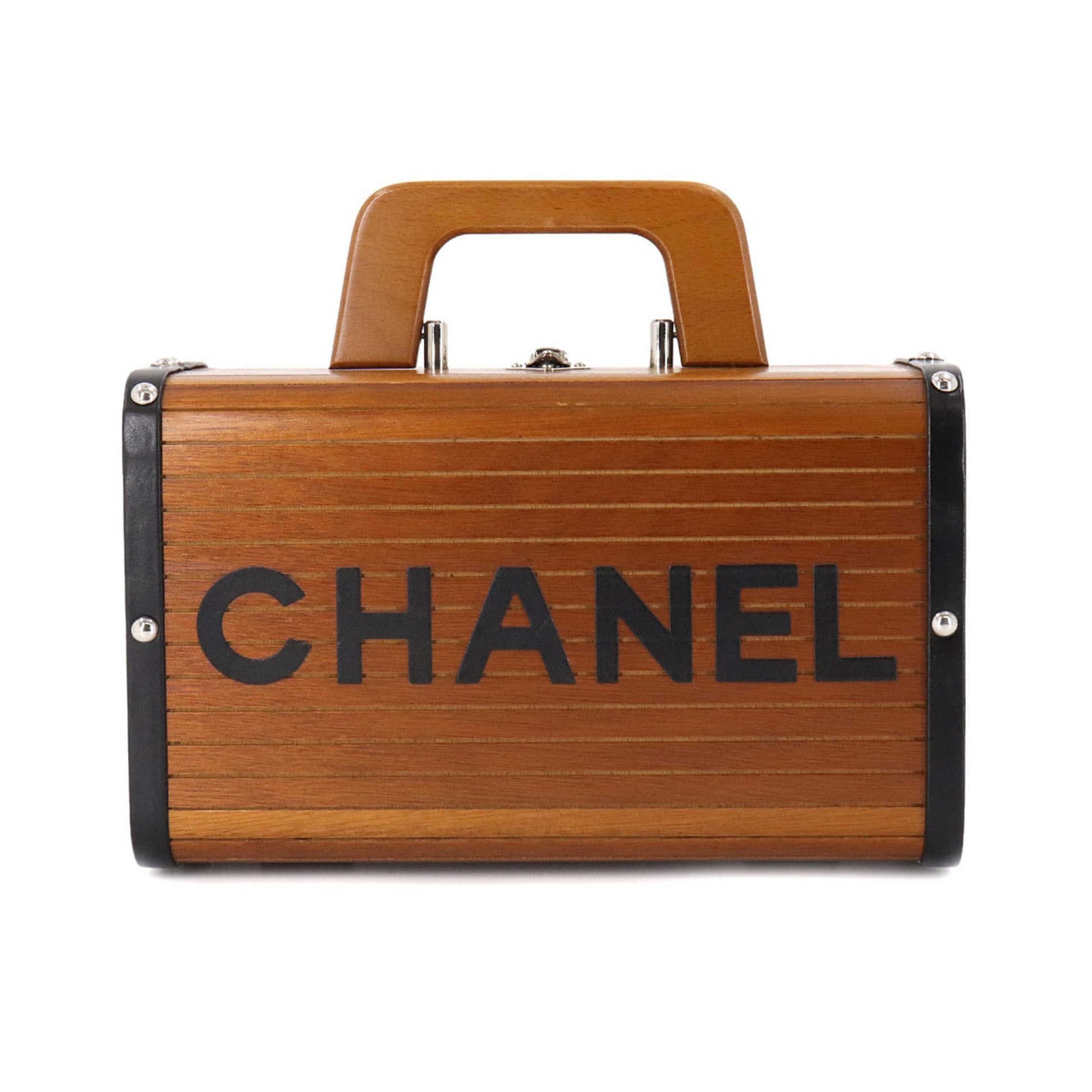 Chanel wood vanity hand bag leather brown black silver metal fittings   Wood Vanity