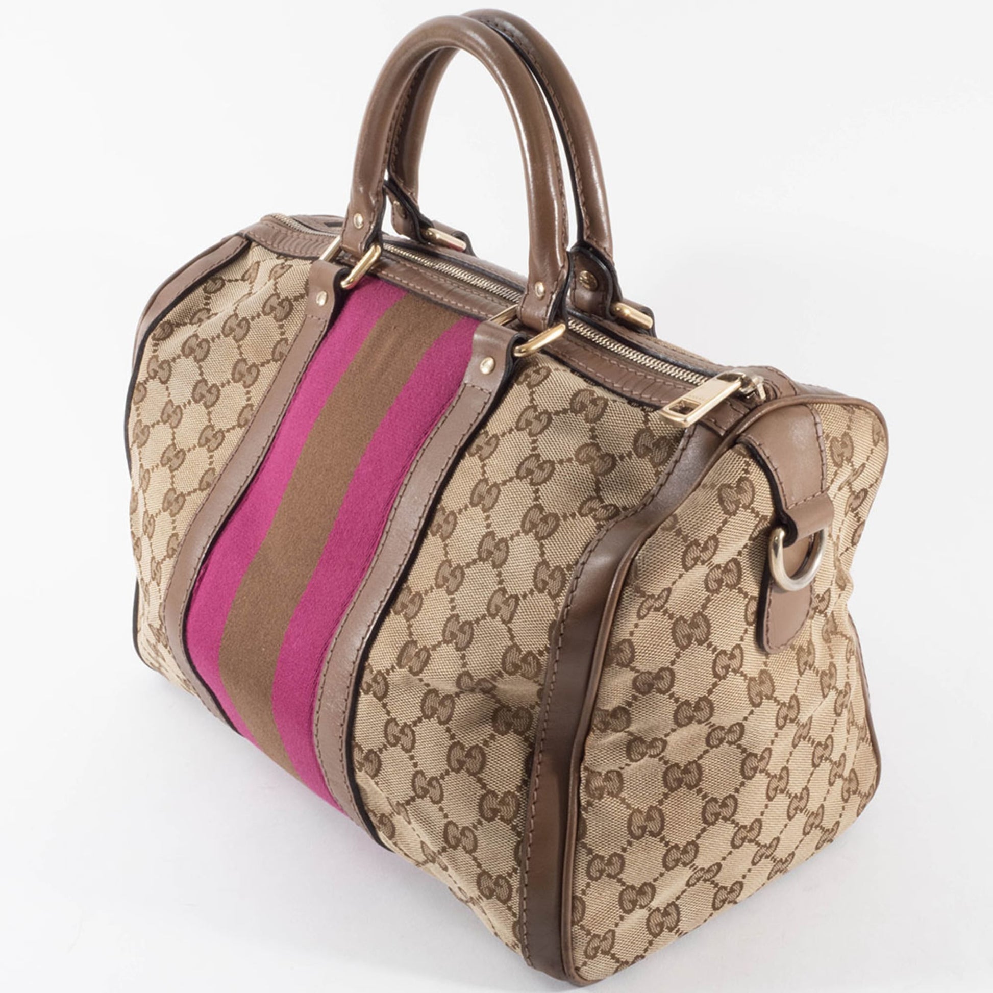 Gucci Brown Pink Gg Canvas Leather Boston Bag Shoulder Bag