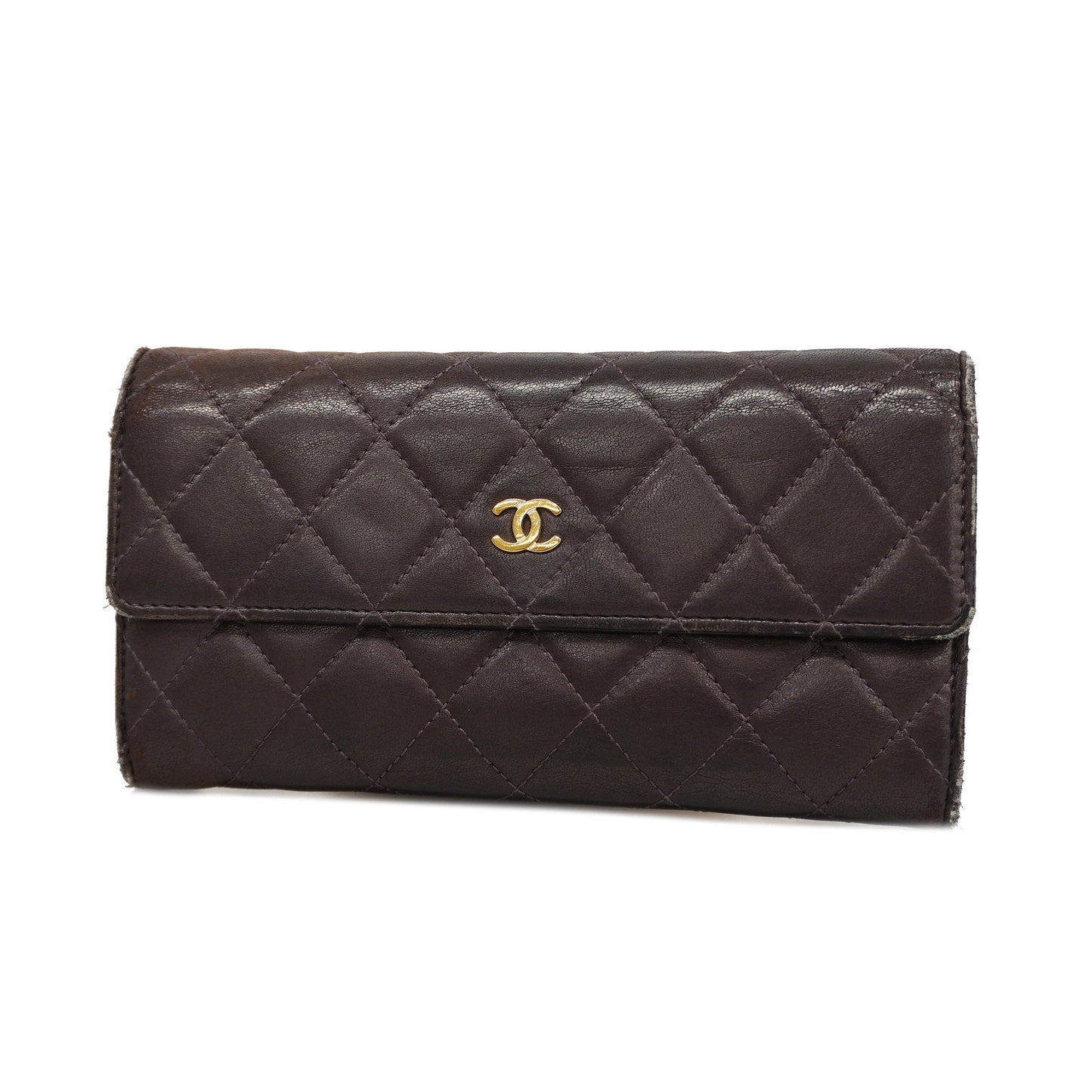 ChanelAuth  Matelasse Gold Hardware Women's Leather Long Wallet [bi-fold] Purple