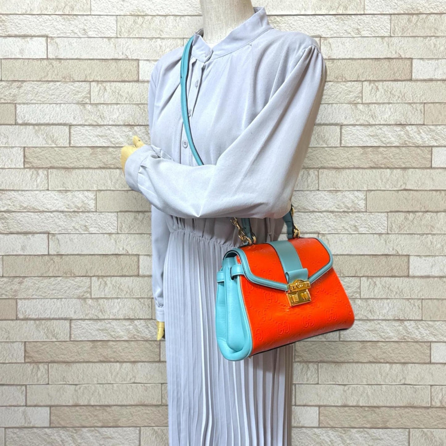 Gucci Light Blue Orange Leather Shoulder Bag