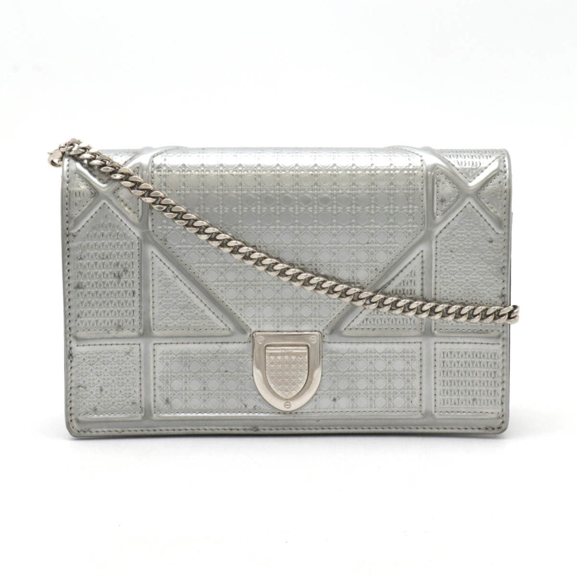 Dior Handbag Christian Clutch Bag Pochette Leather Patent Silver