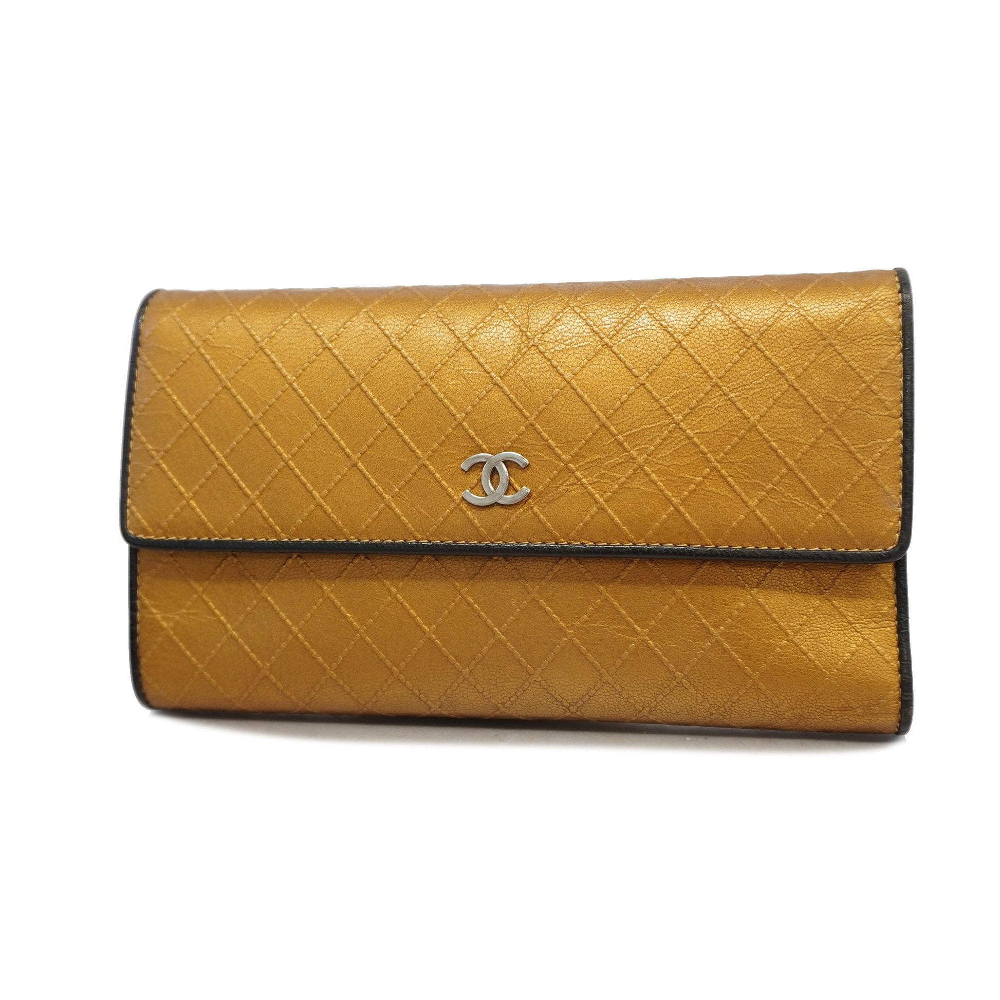 Chanel tri-fold long wallet bicolore leather black/gold silver Metal