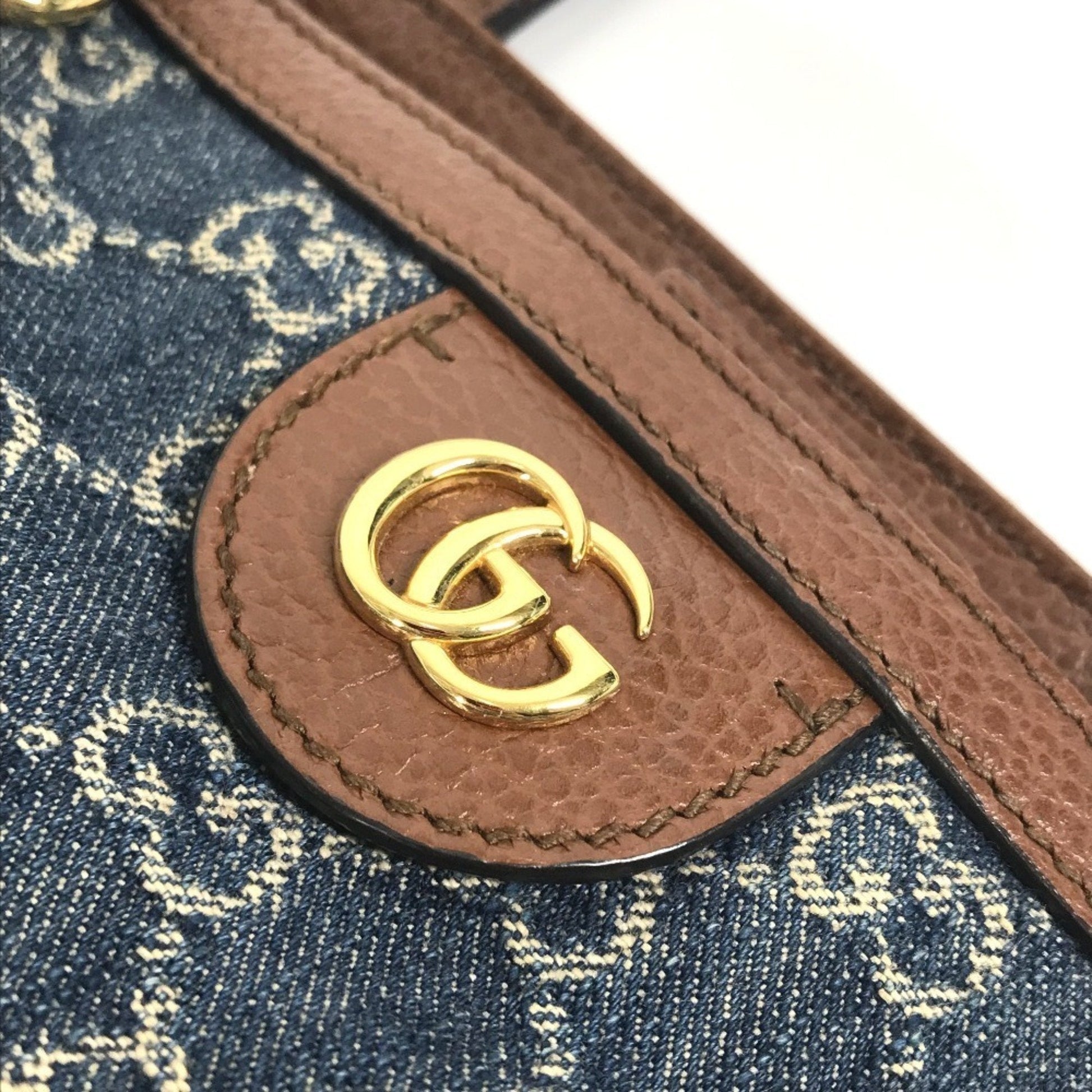 Gucci Blue Brown Denim Leather Shoulder Bag Tote Bag