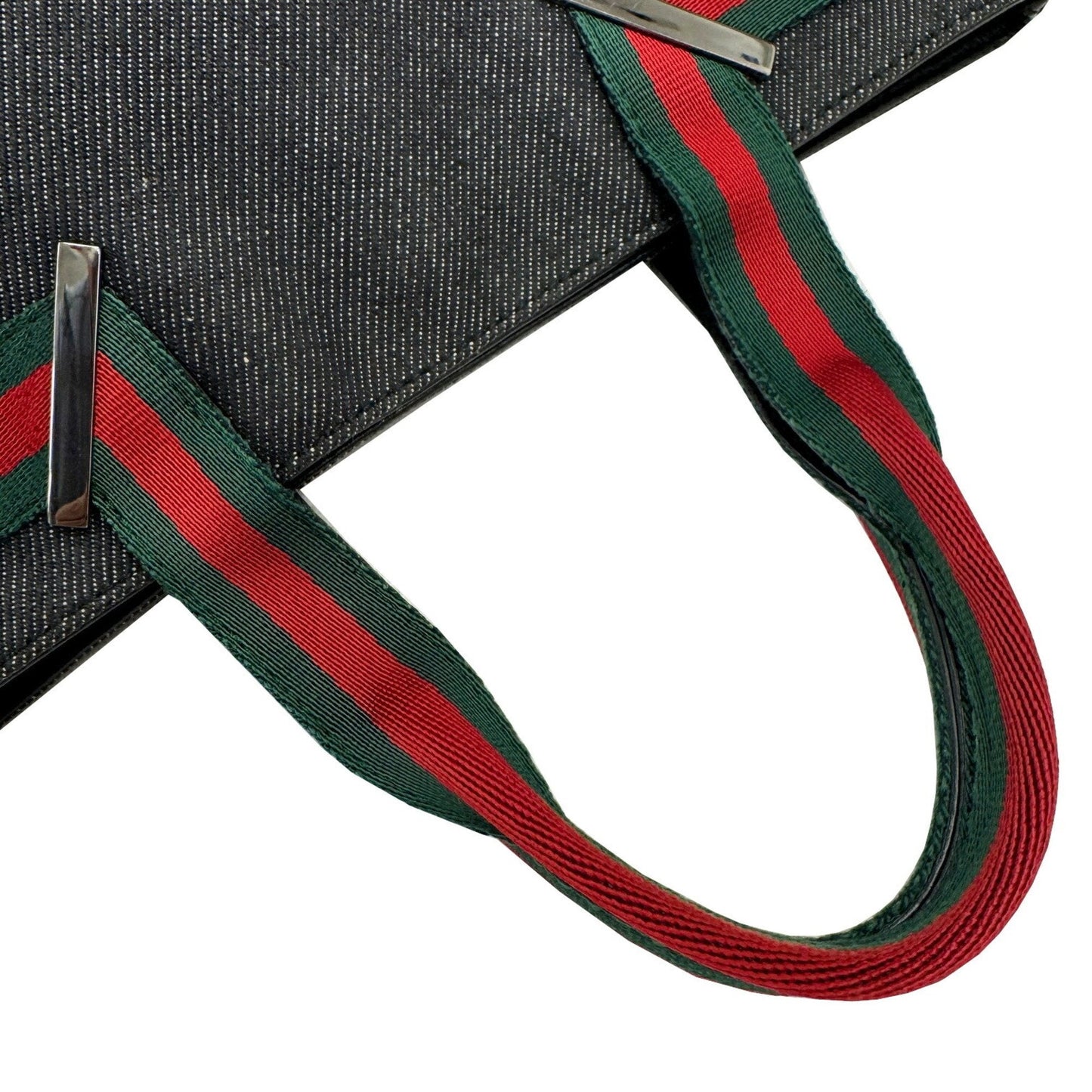 Gucci Sherry Line Black Denim Leather Handbag Tote Bag