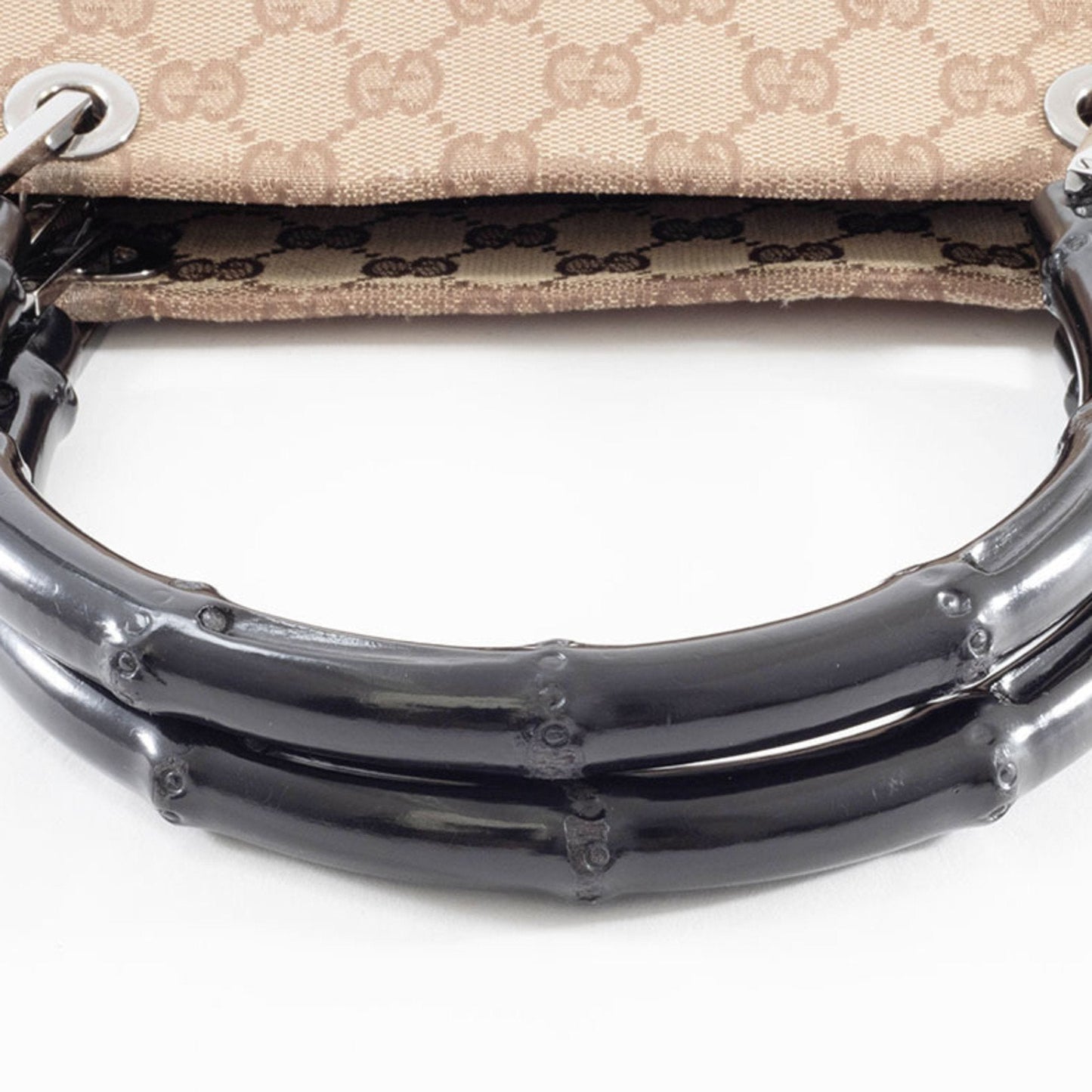 Gucci Beige Black Bamboo Canvas Handbag