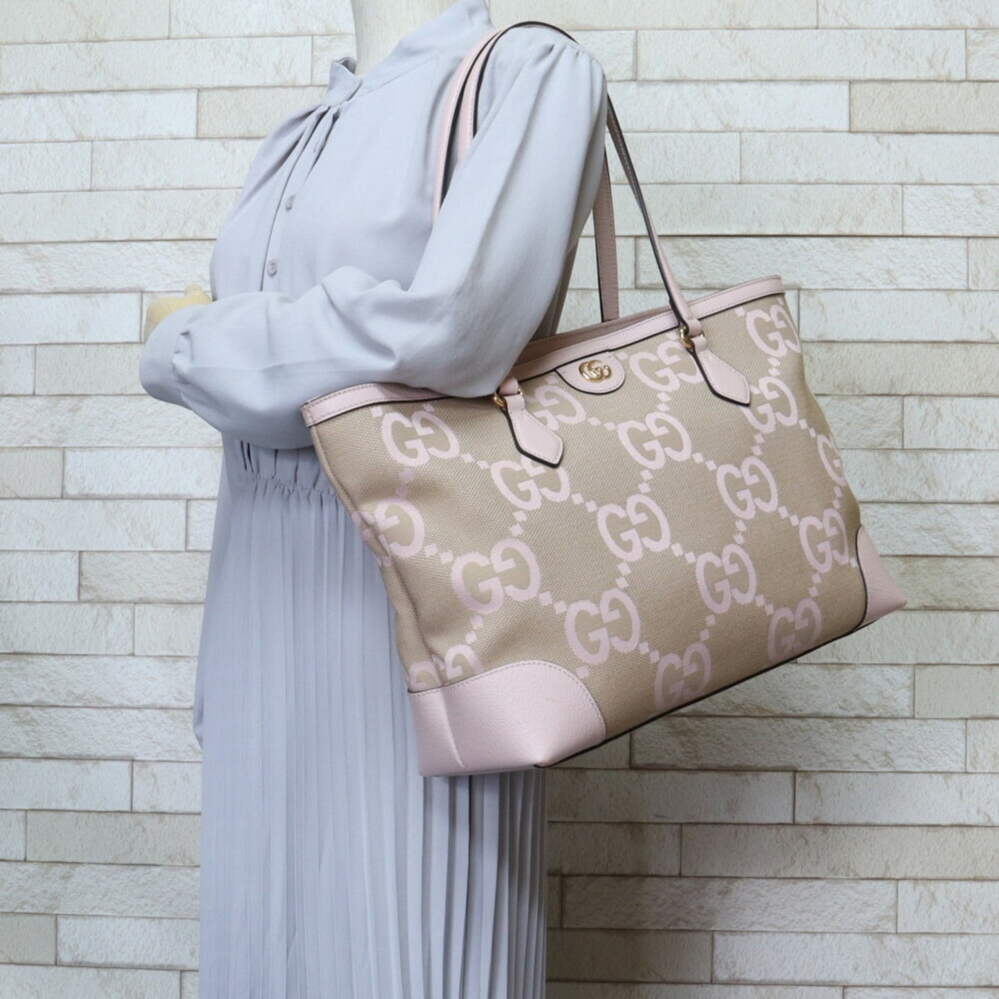 Gucci Beige Pink Canvas Leather Tote Bag