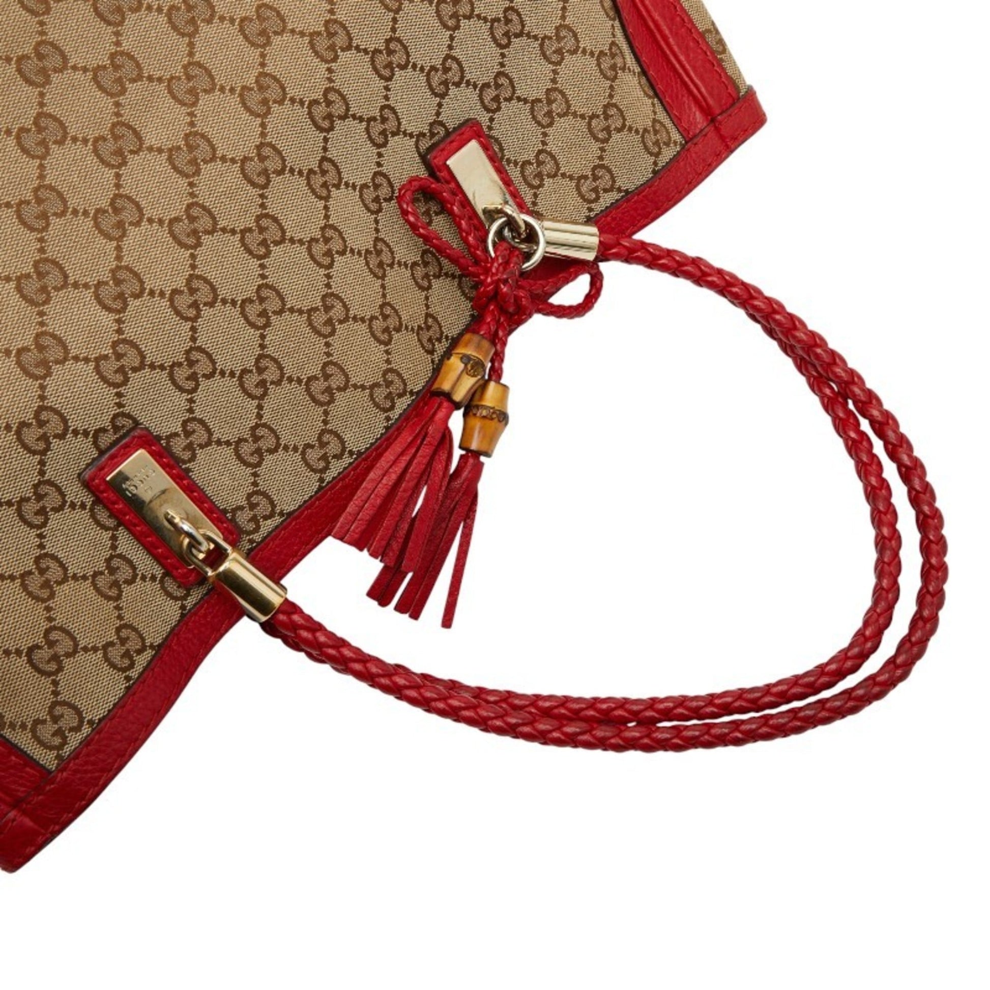 Gucci Beige Red Color Canvas Leather Tote Bag
