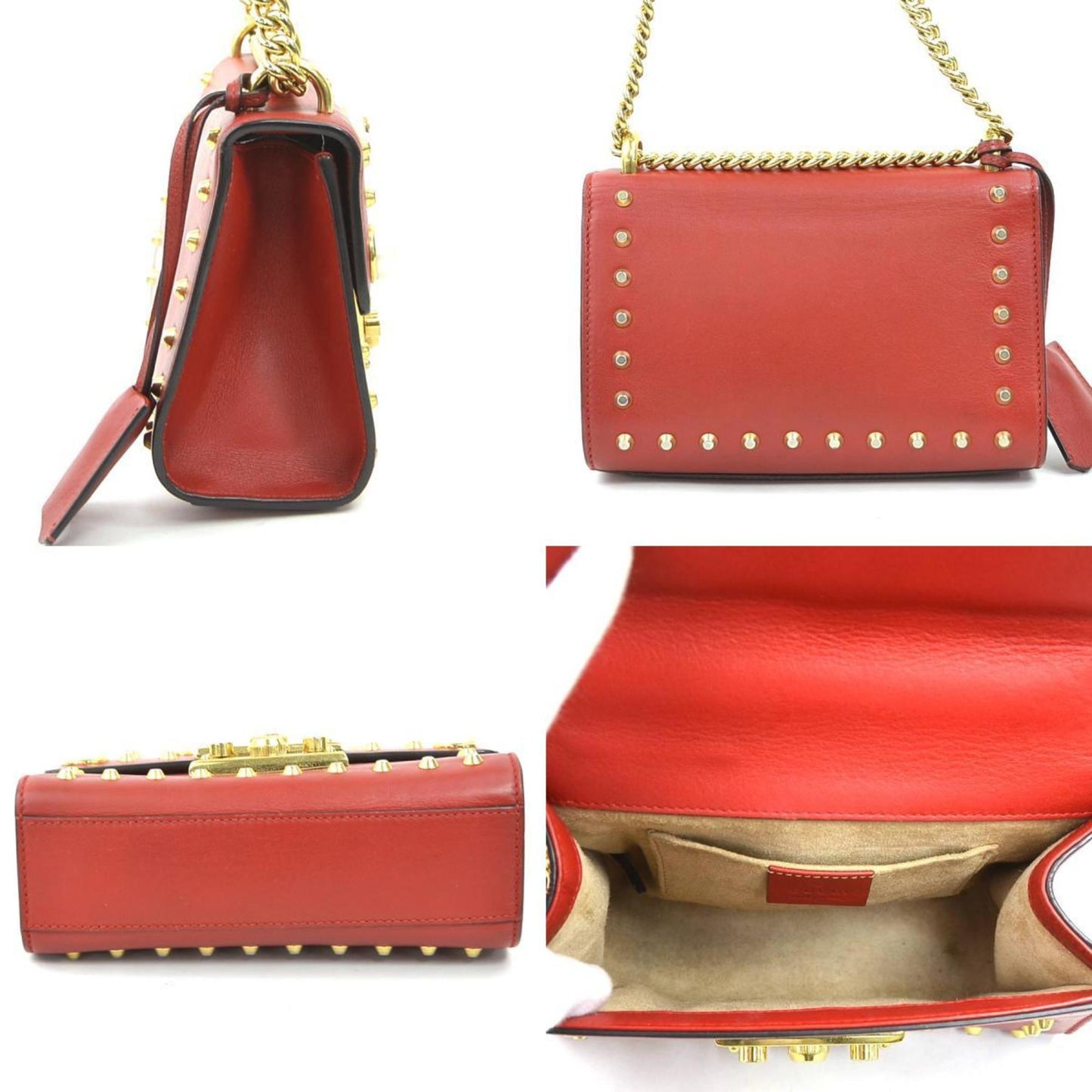 Gucci Red Color Leather Artificial Pearl Metal Shoulder Bag