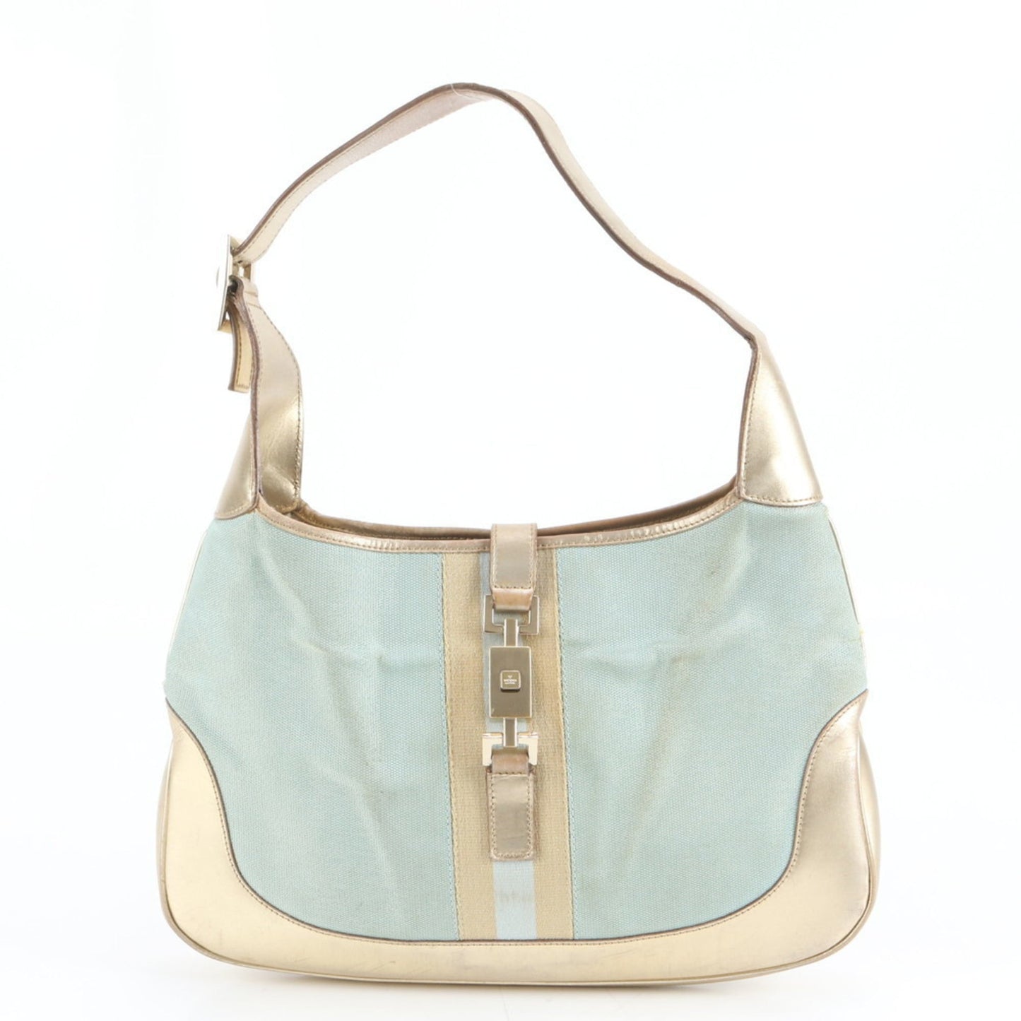 Gucci Blue Gold Leather Canvas Shoulder Bag