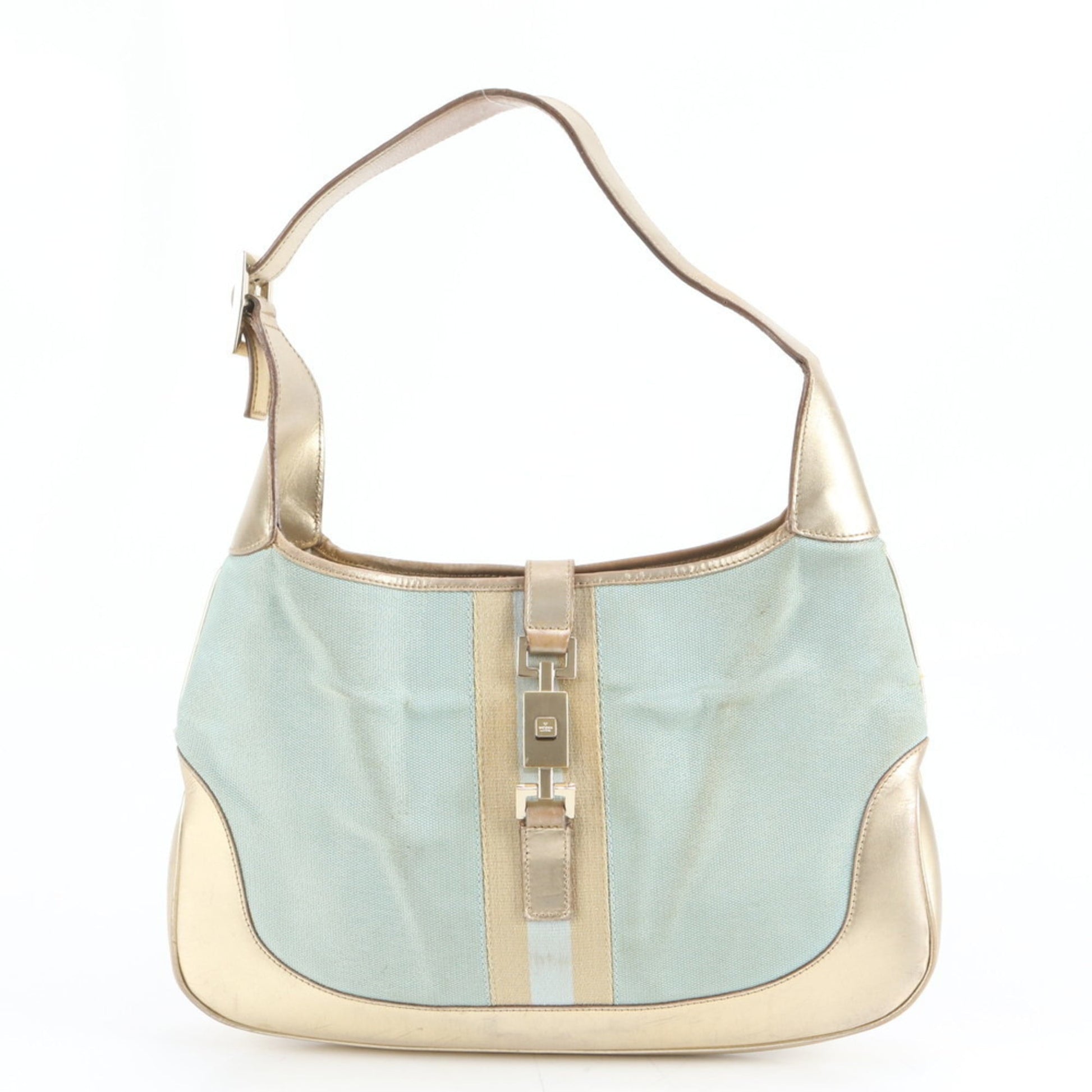 Gucci Blue Gold Leather Canvas Shoulder Bag