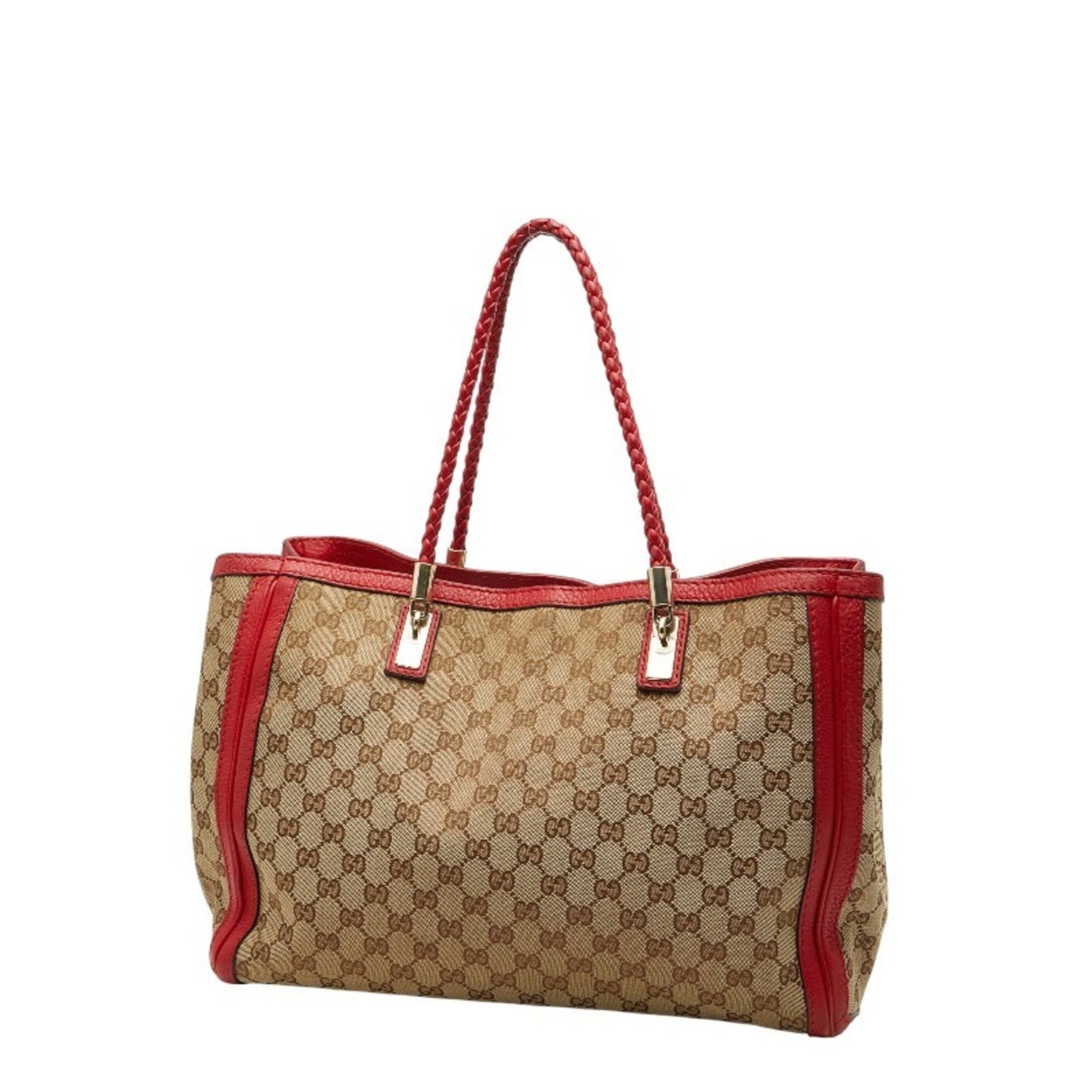 Gucci Beige Red Color Canvas Leather Tote Bag
