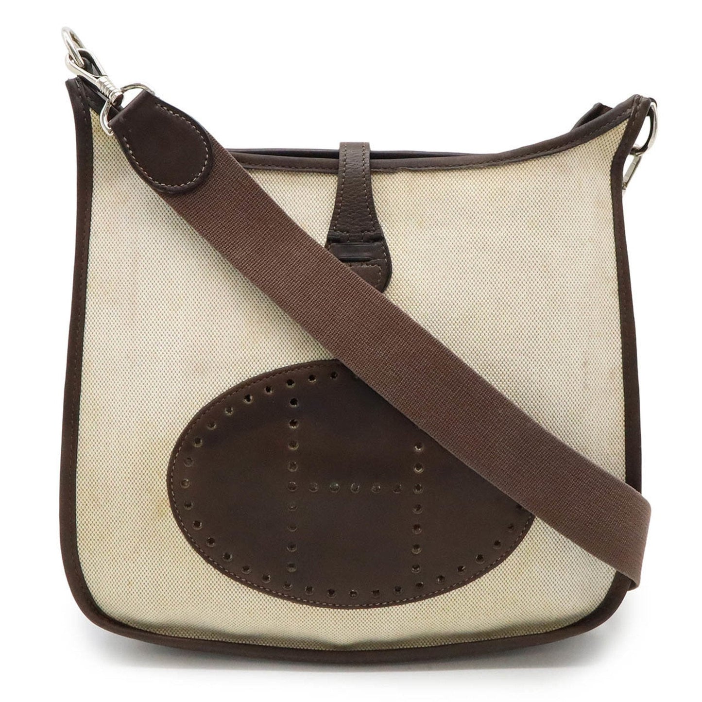 Hermes Dark Natural Toile Shoulder Bag Leather Brown