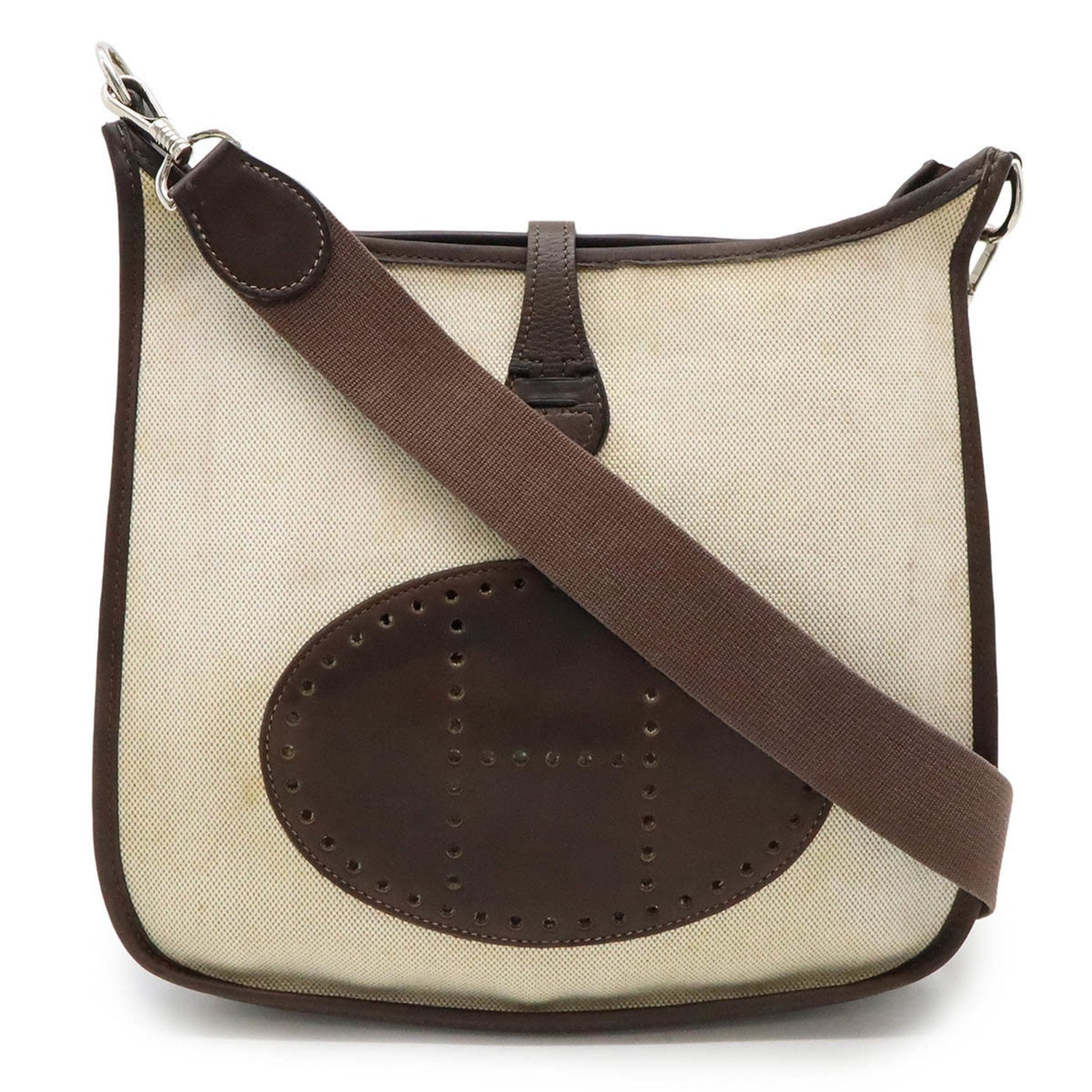 Hermes Dark Natural Toile Shoulder Bag Leather Brown