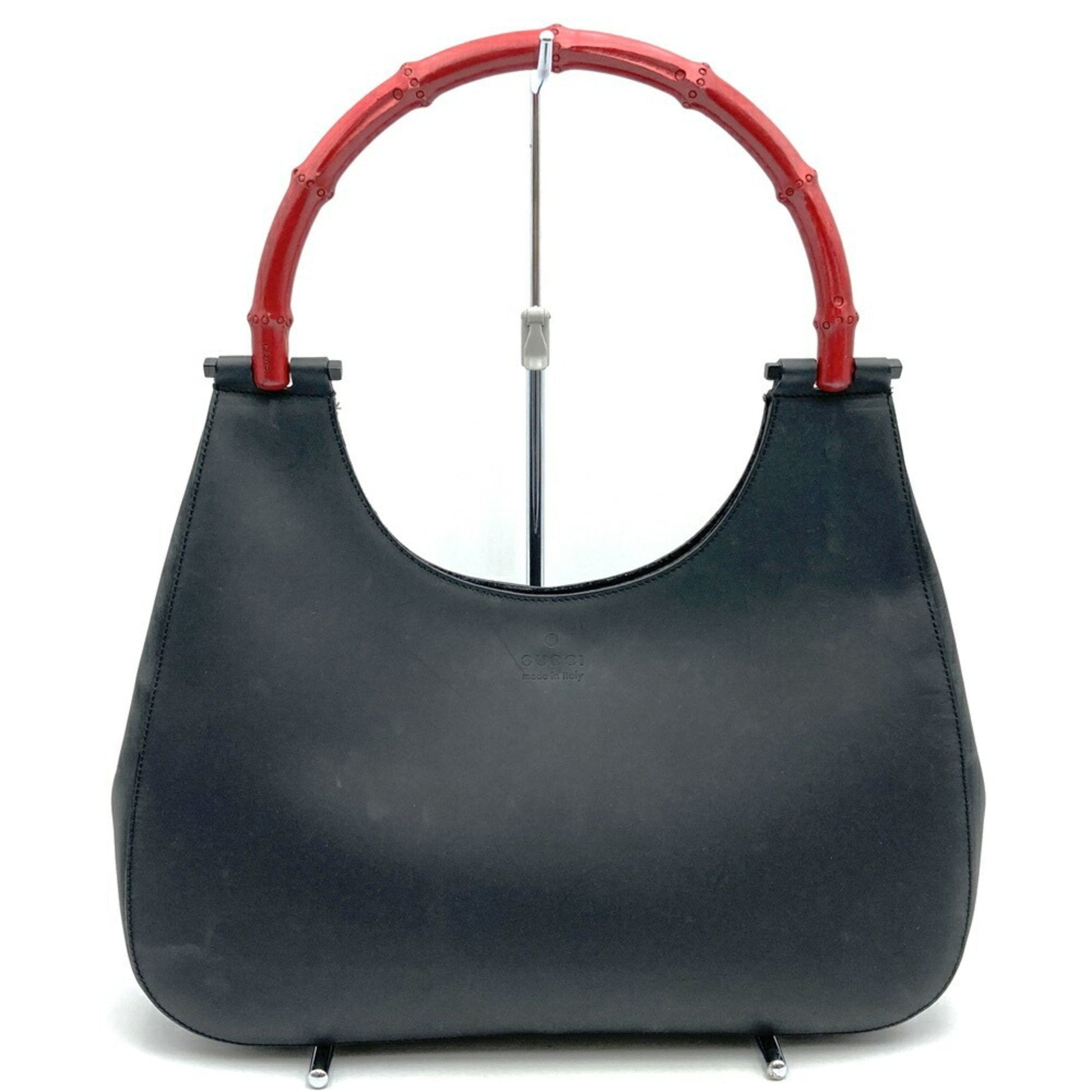 Gucci Black Red Color Leather Bamboo Shoulder Bag