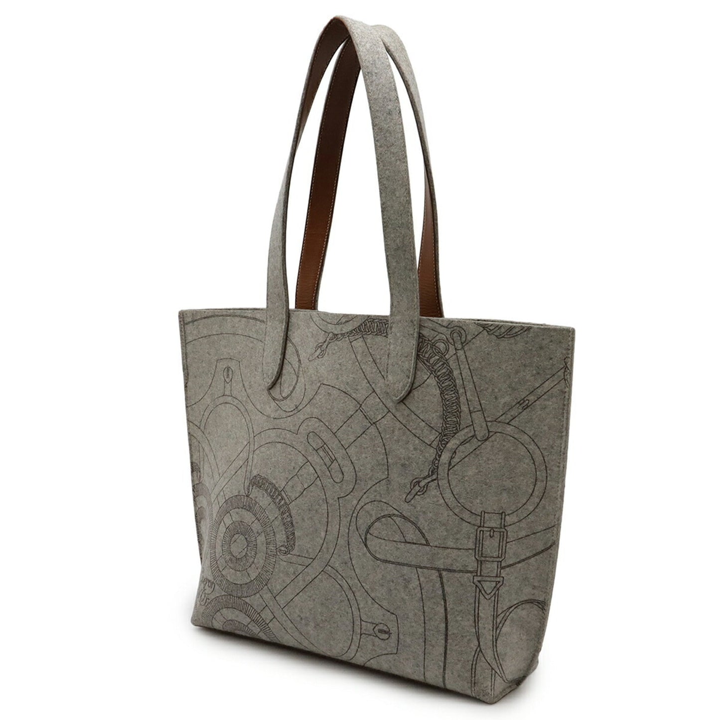 Hermes Felt Handbag Tote Bag Leather Brown Gray