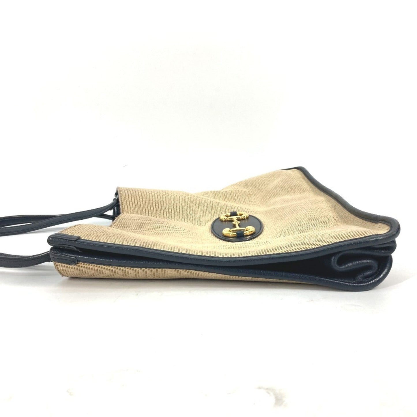 Gucci Beige Navy Canvas Leather Shoulder Bag Tote Bag