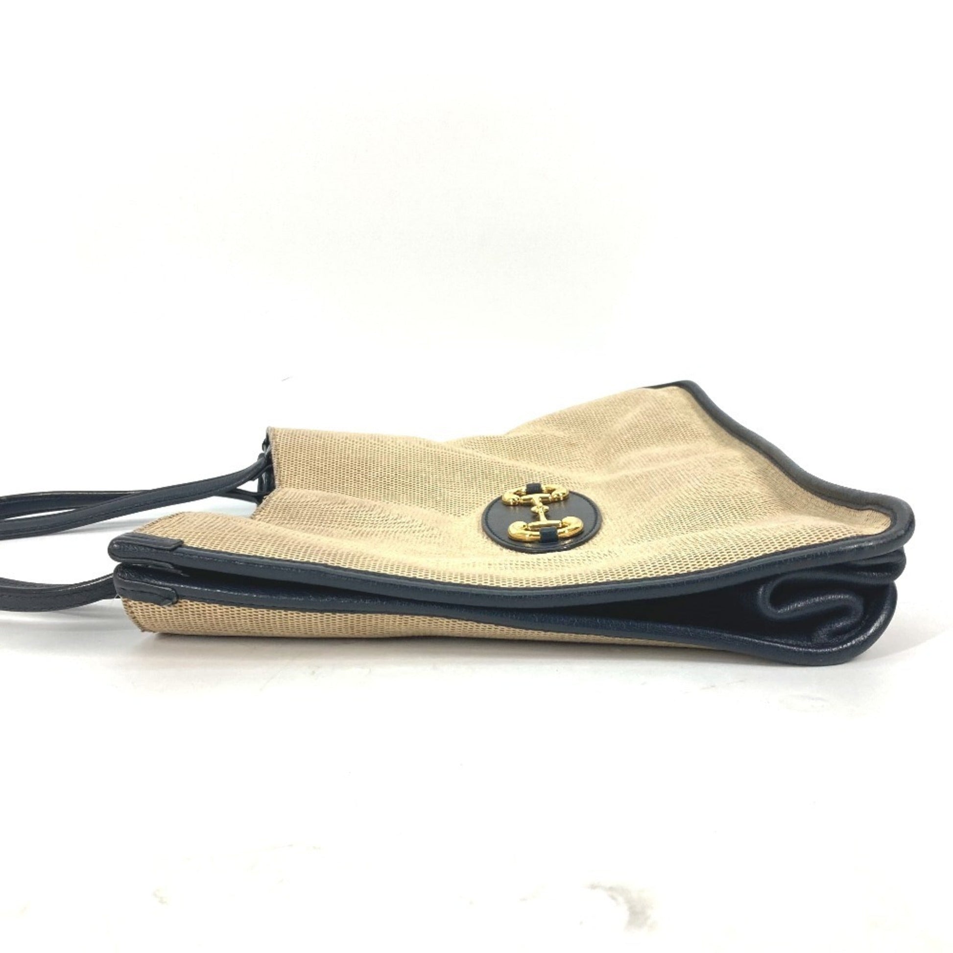 Gucci Beige Navy Canvas Leather Shoulder Bag Tote Bag