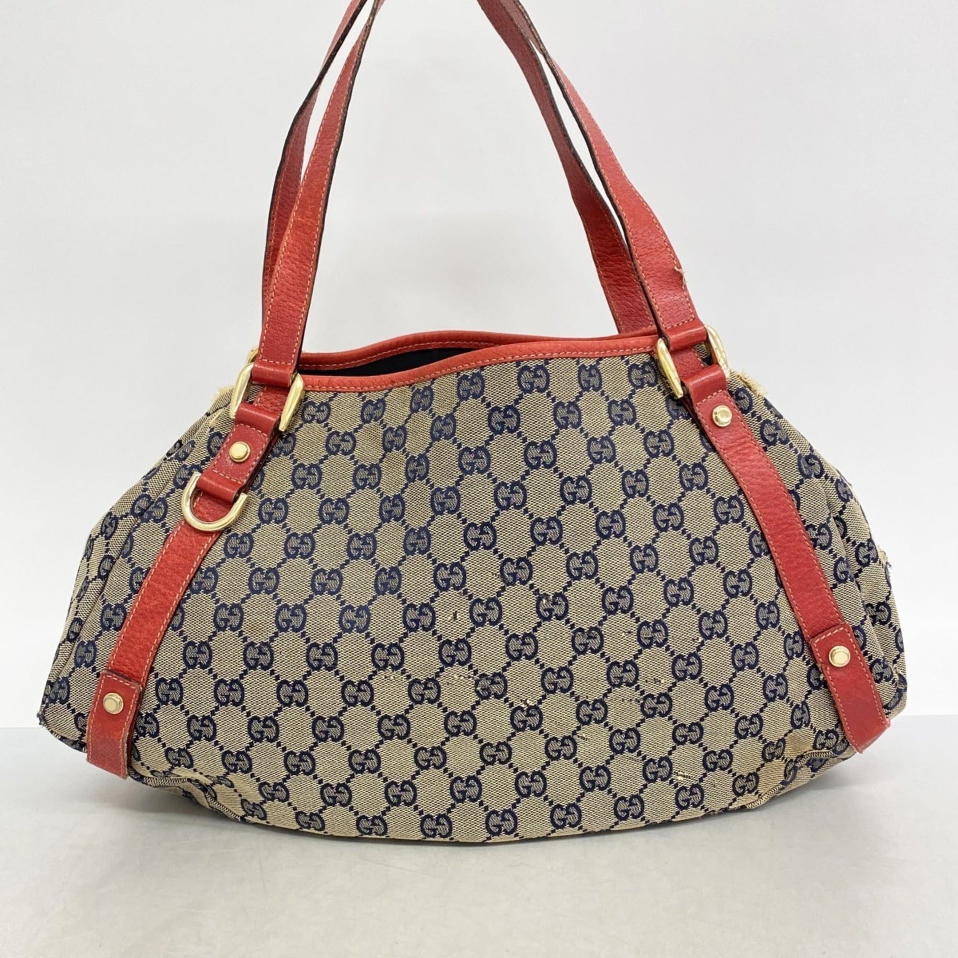 Gucci Beige Navy Red Color Canvas Tote Bag