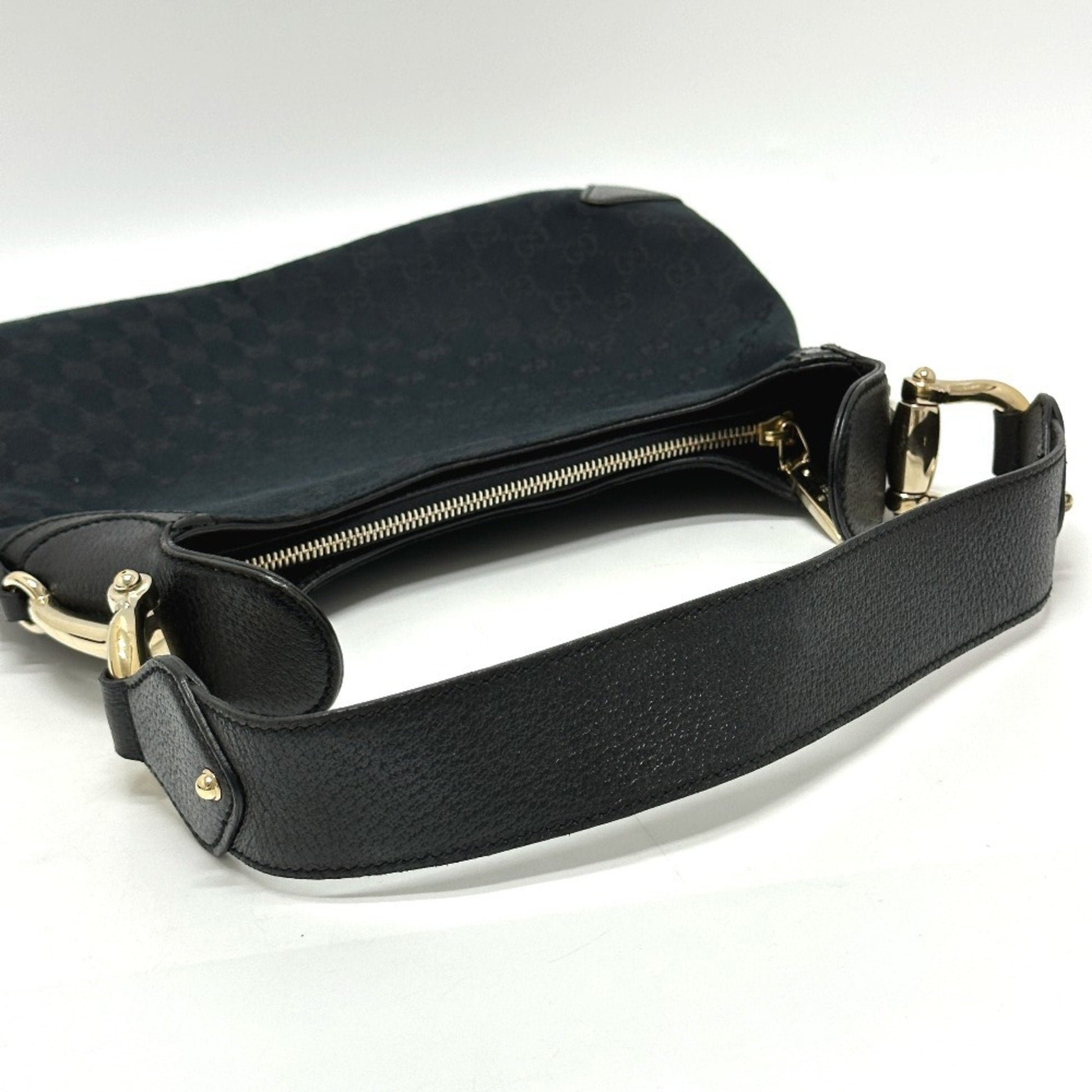 Gucci Horsebit Black Gg Canvas Leather Handbag Shoulder Bag