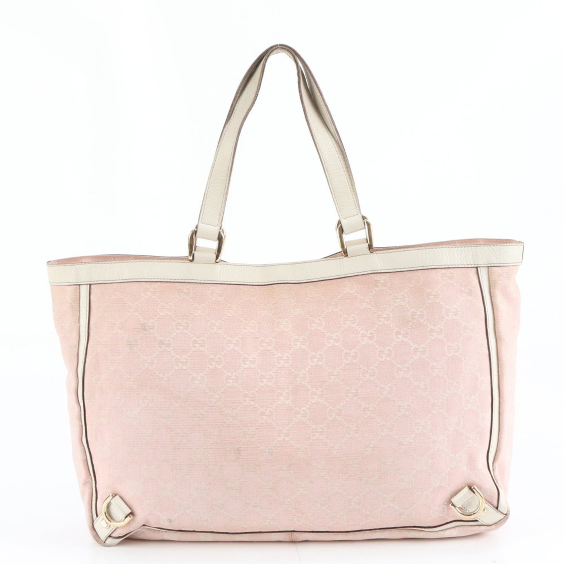 Gucci Pink Beige Leather Canvas Tote Bag