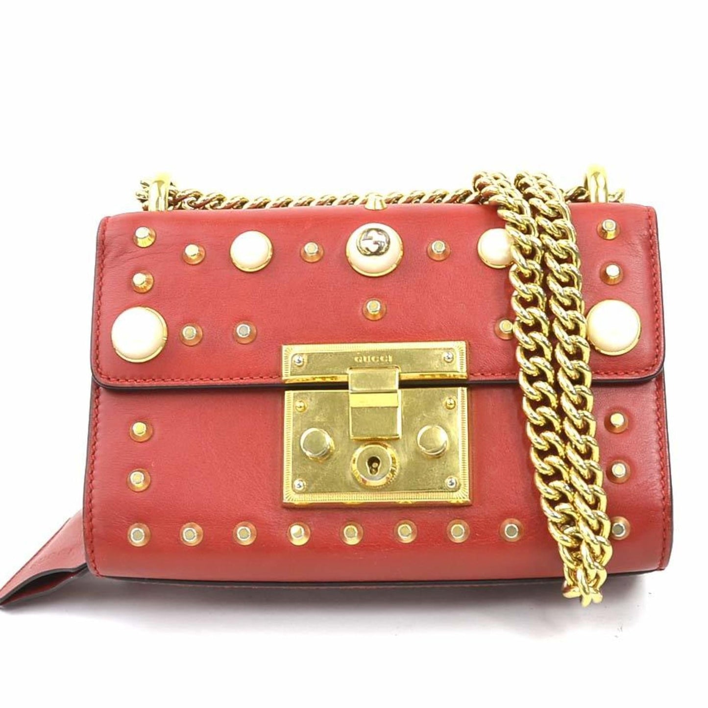 Gucci Red Color Leather Artificial Pearl Metal Shoulder Bag