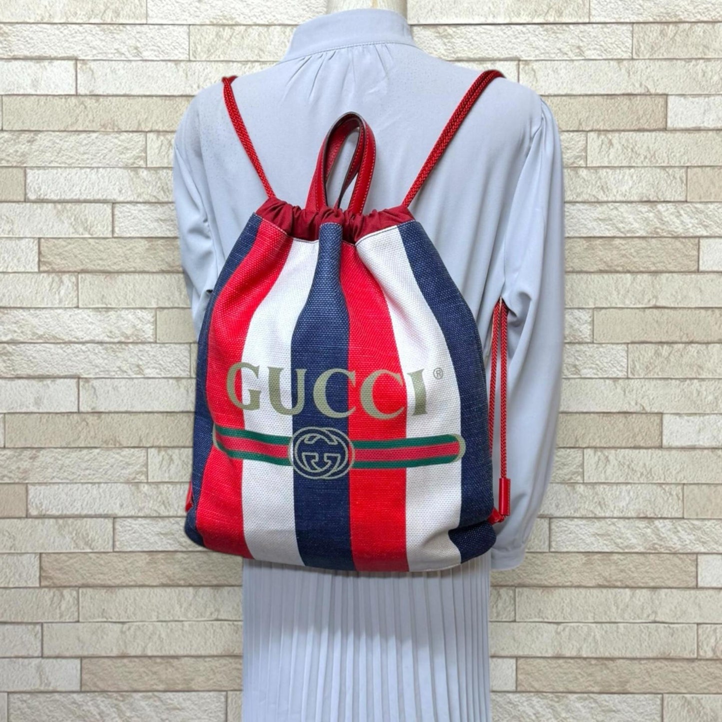 Gucci Blue Red Color White Canvas Leather Backpack