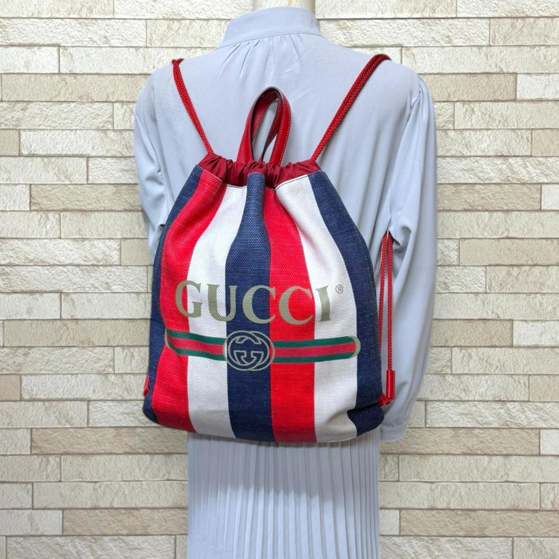 Gucci Blue Red Color White Canvas Leather Backpack
