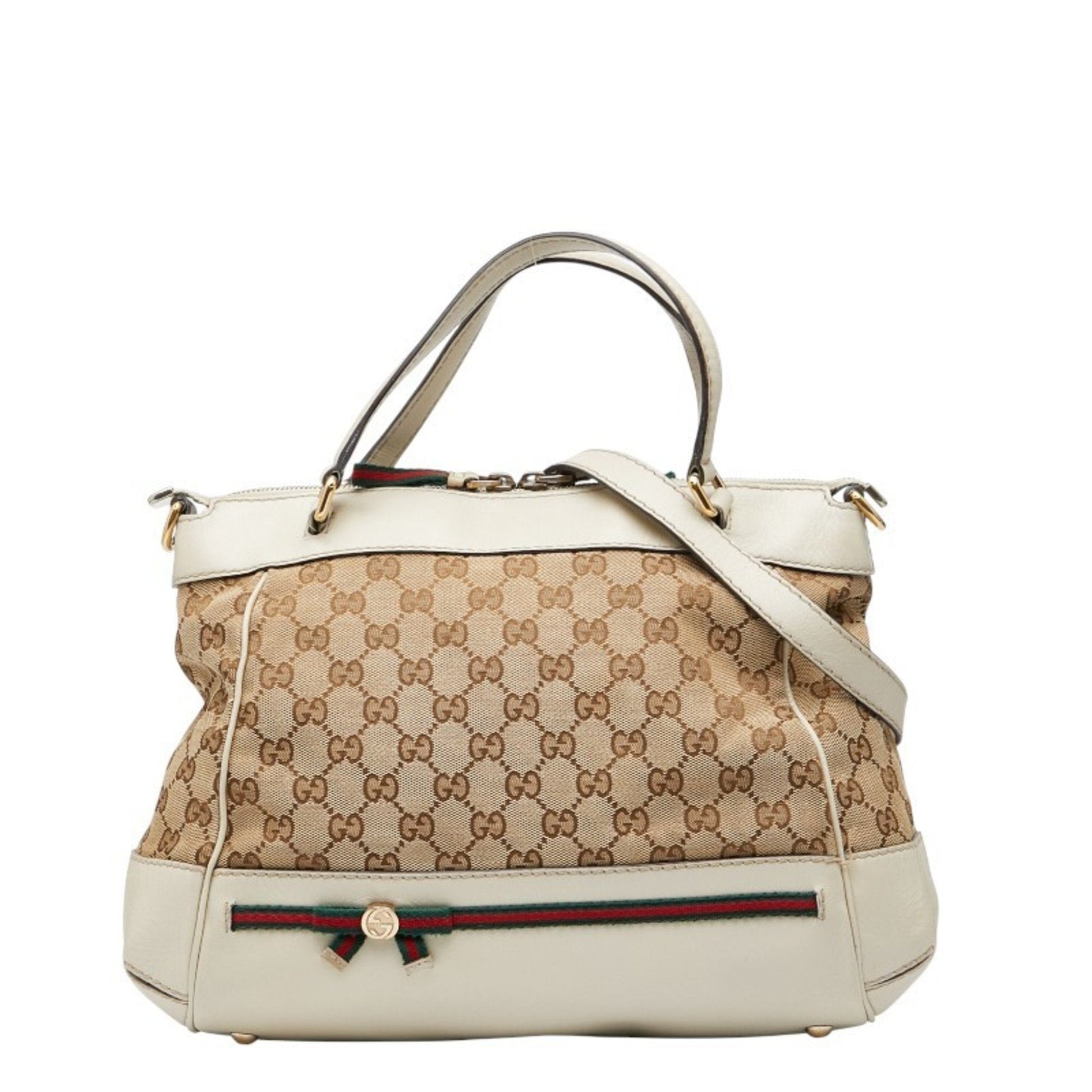 Gucci Beige Ivory Canvas Leather Shoulder Bag Tote Bag