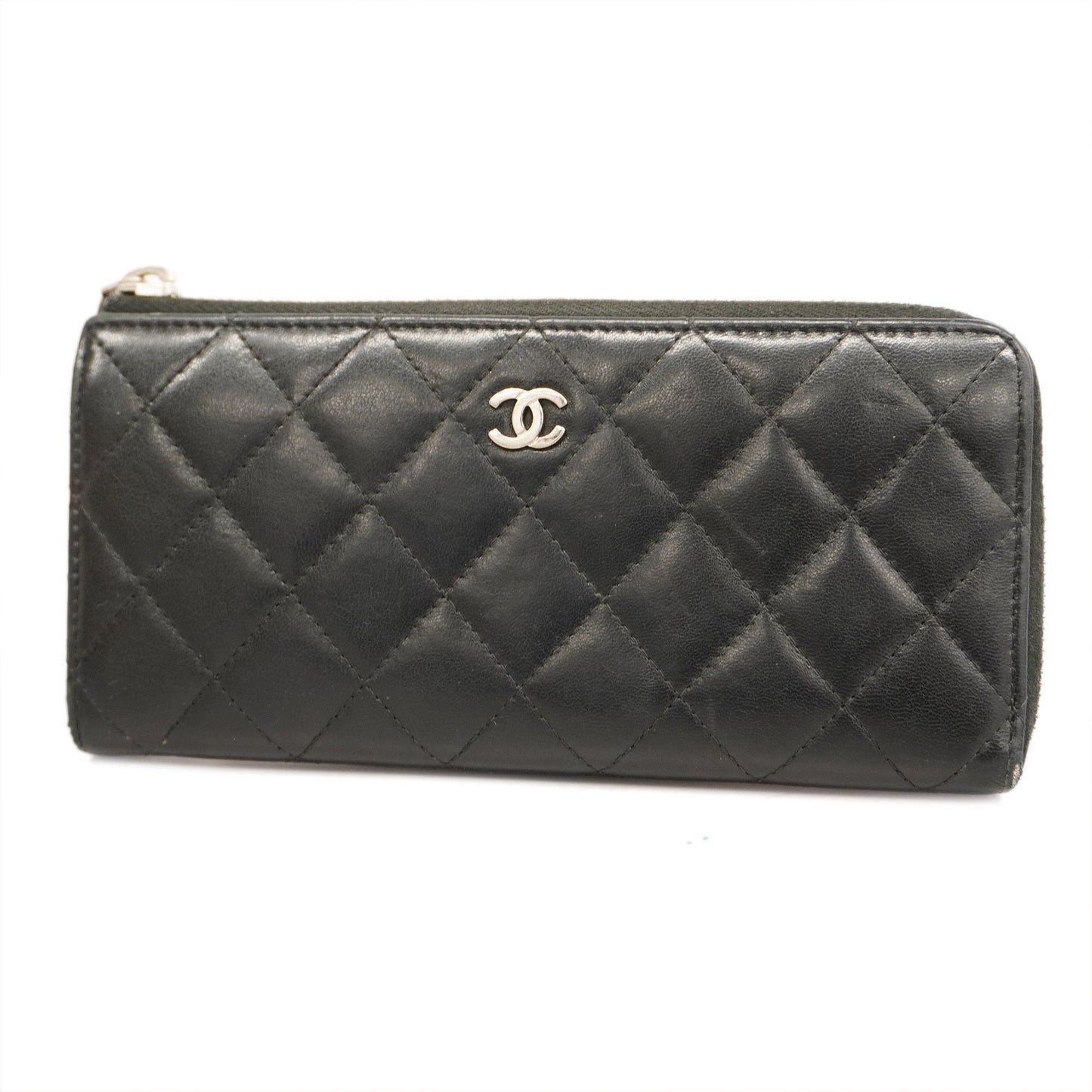 ChanelAuth  Matelasse Long Wallet Silver Metal Fittings Women's Lambskin Black