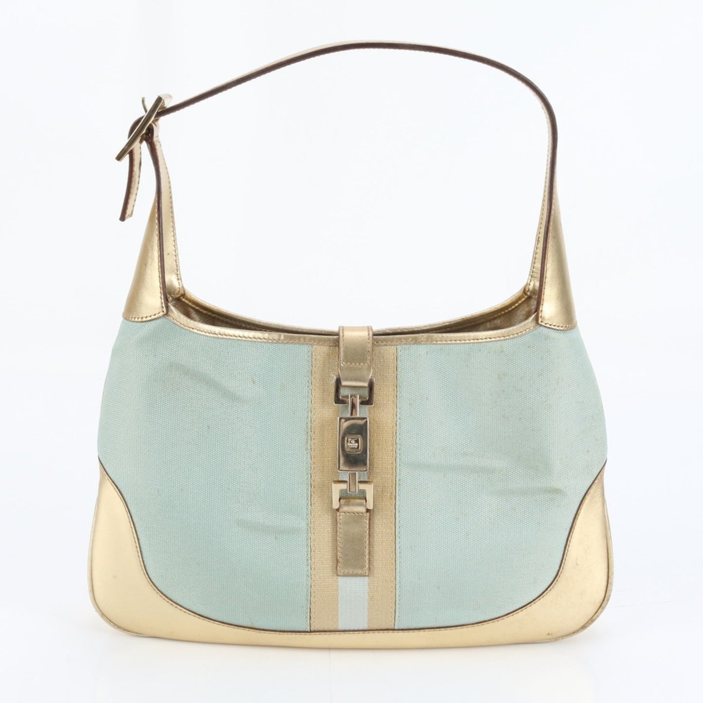 Gucci Blue Gold Leather Canvas Shoulder Bag