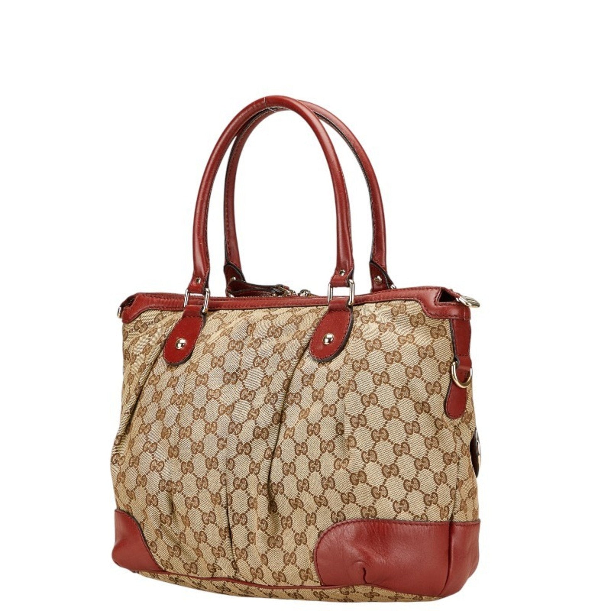 Gucci Beige Red Color Canvas Leather Shoulder Bag Tote Bag