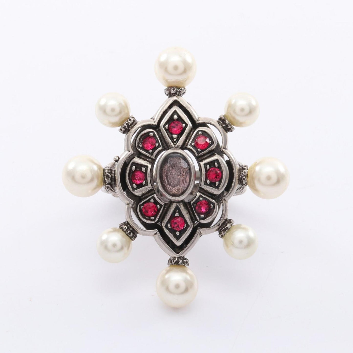 Gucci Silver Pink White Artificial Pearl Rhinestone Stainless Steel Band Ring