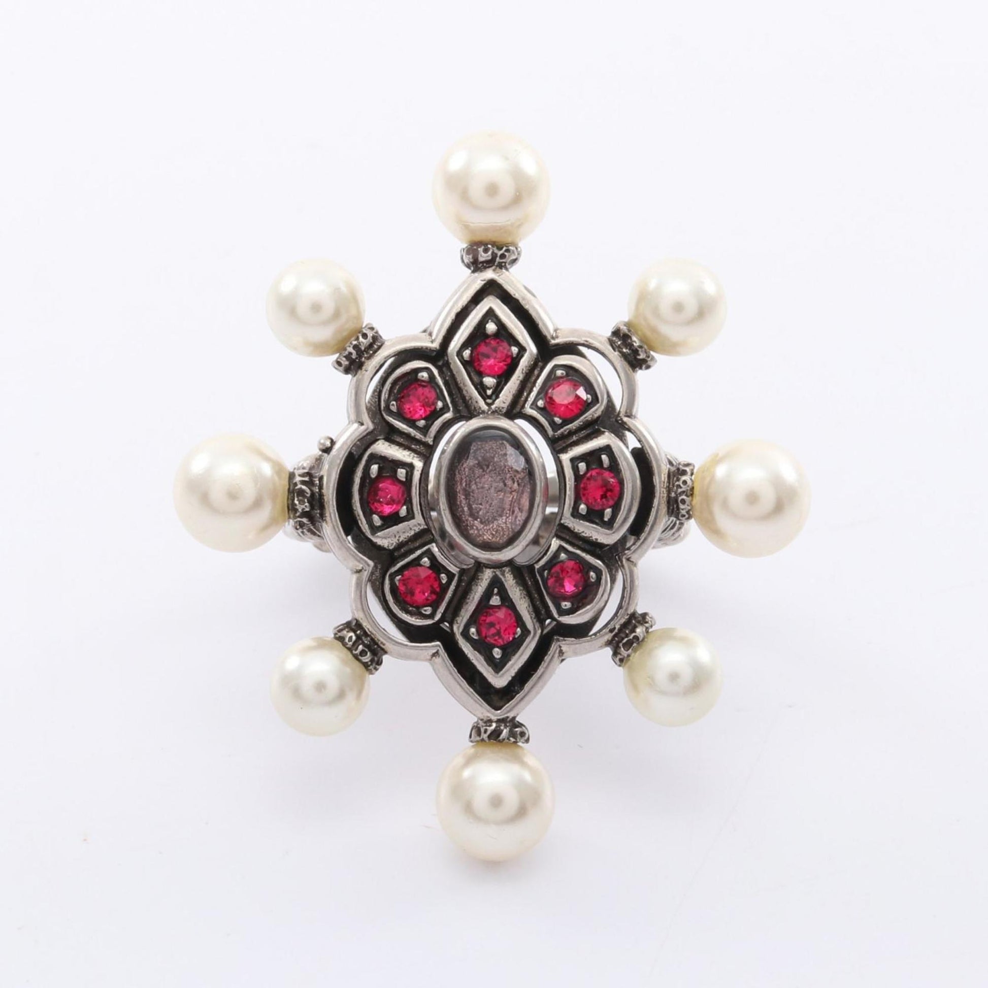 Gucci Silver Pink White Artificial Pearl Rhinestone Stainless Steel Band Ring