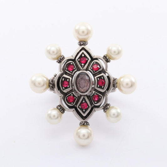 Gucci Silver Pink White Artificial Pearl Rhinestone Stainless Steel Band Ring