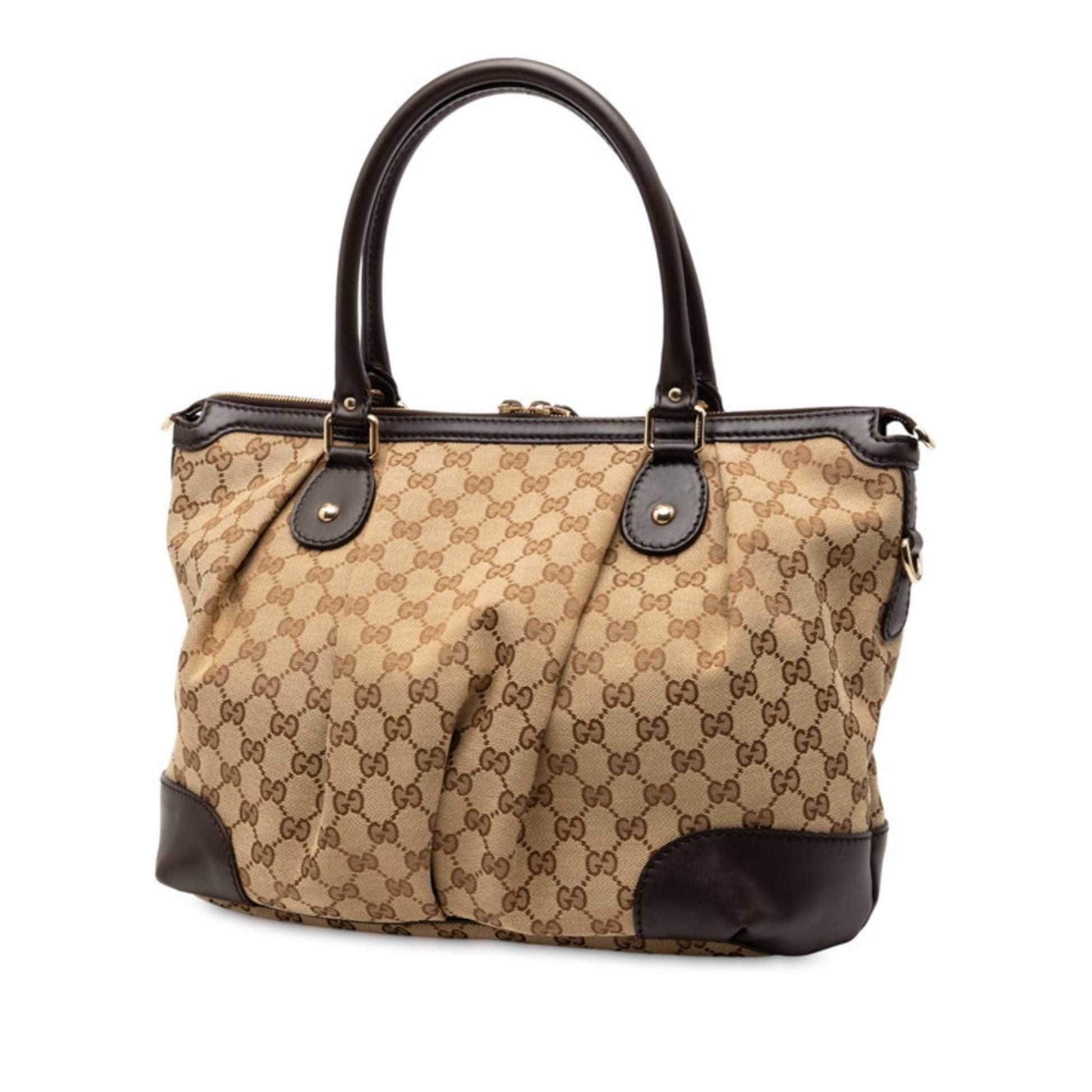 Gucci Beige Brown Canvas Leather Shoulder Bag Tote Bag