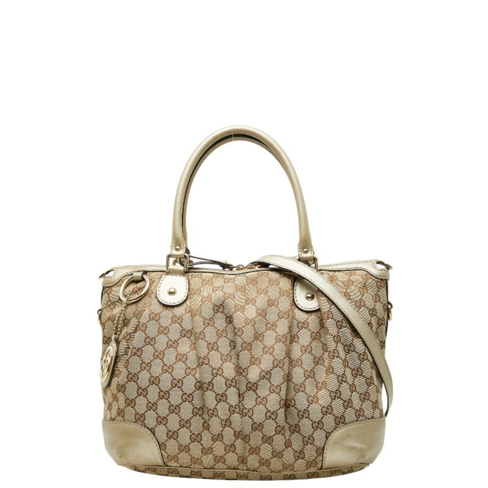 Gucci Beige Brown Canvas Leather Shoulder Bag Tote Bag
