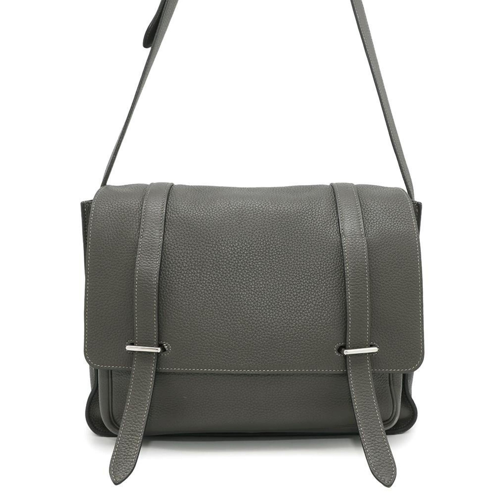Hermes Taurillon Clemence Shoulder Bag Leather Gray