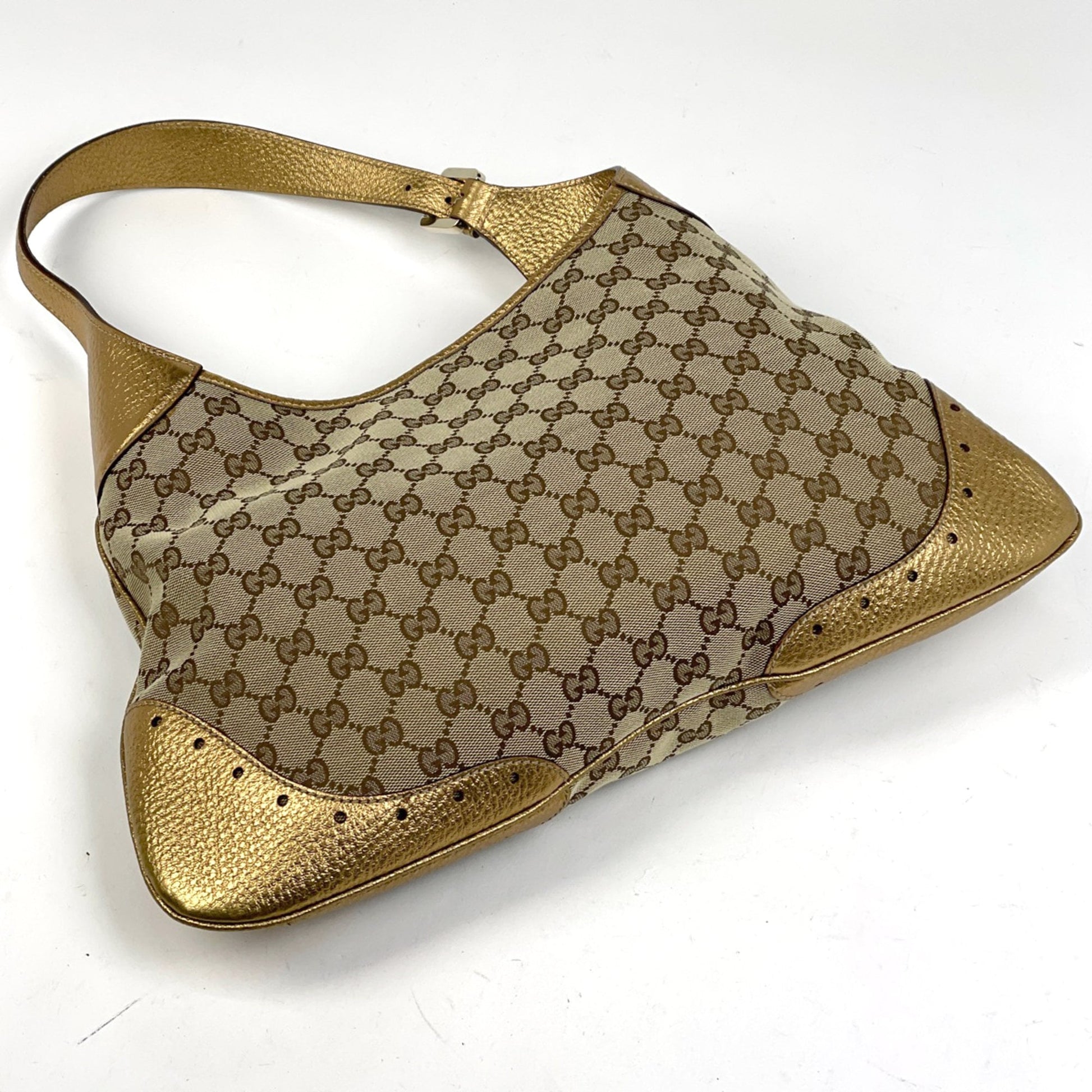 Gucci Beige Gold Gg Canvas Leather Shoulder Bag