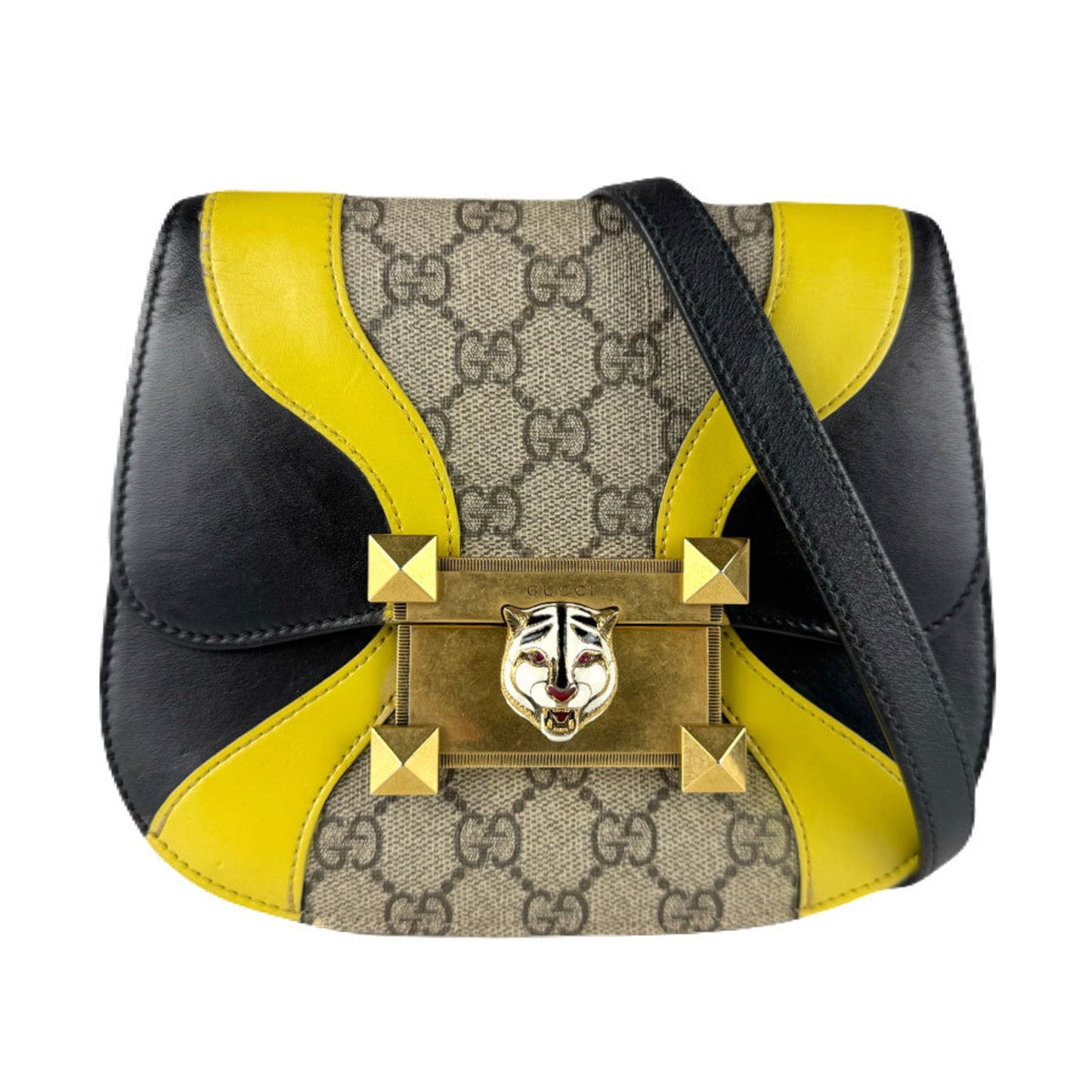 Gucci Black Brown Yellow Gg Supreme Leather Shoulder Bag
