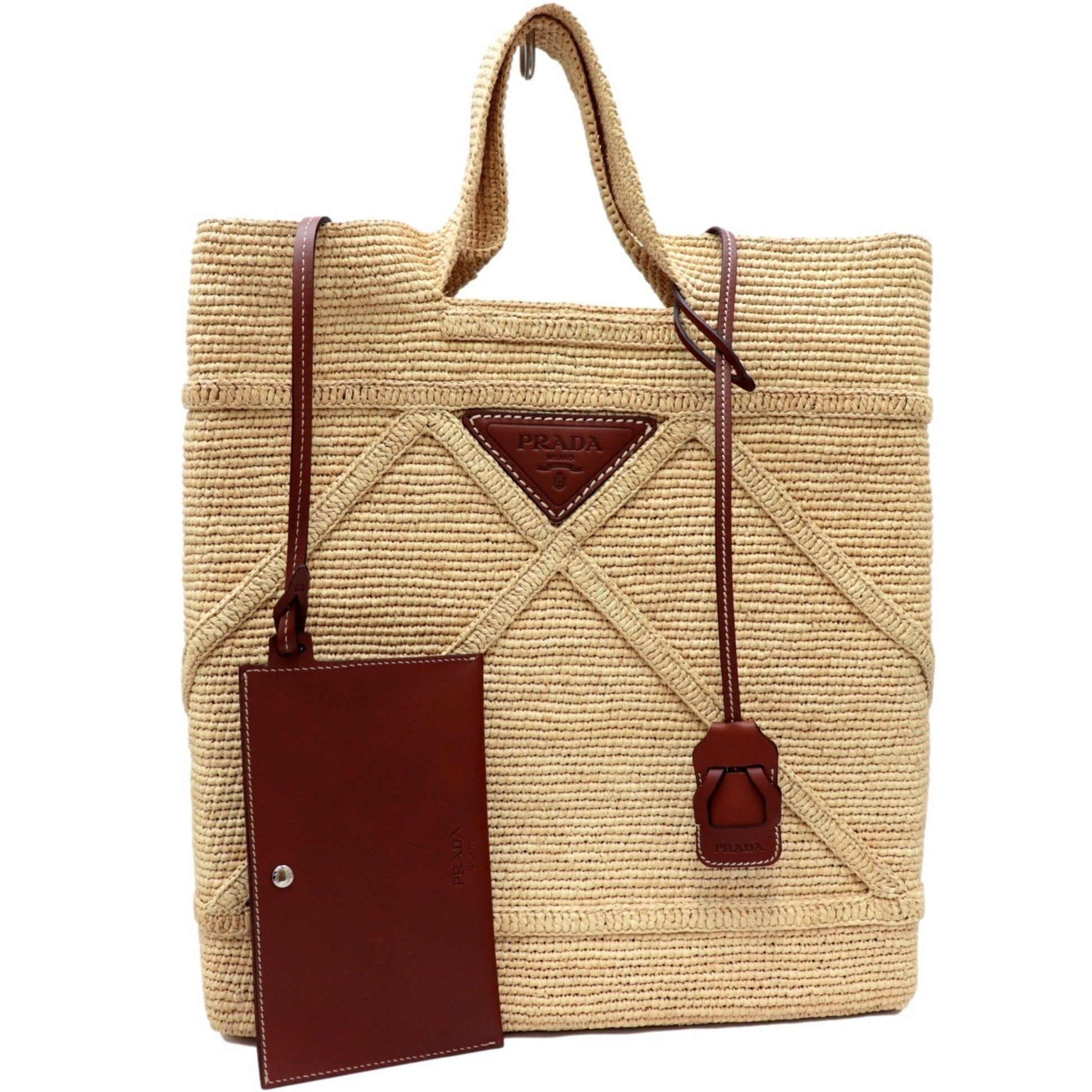 Prada Tote Bag Ladies Triangle Plate With Pouch Straw Leather Raffia Beige