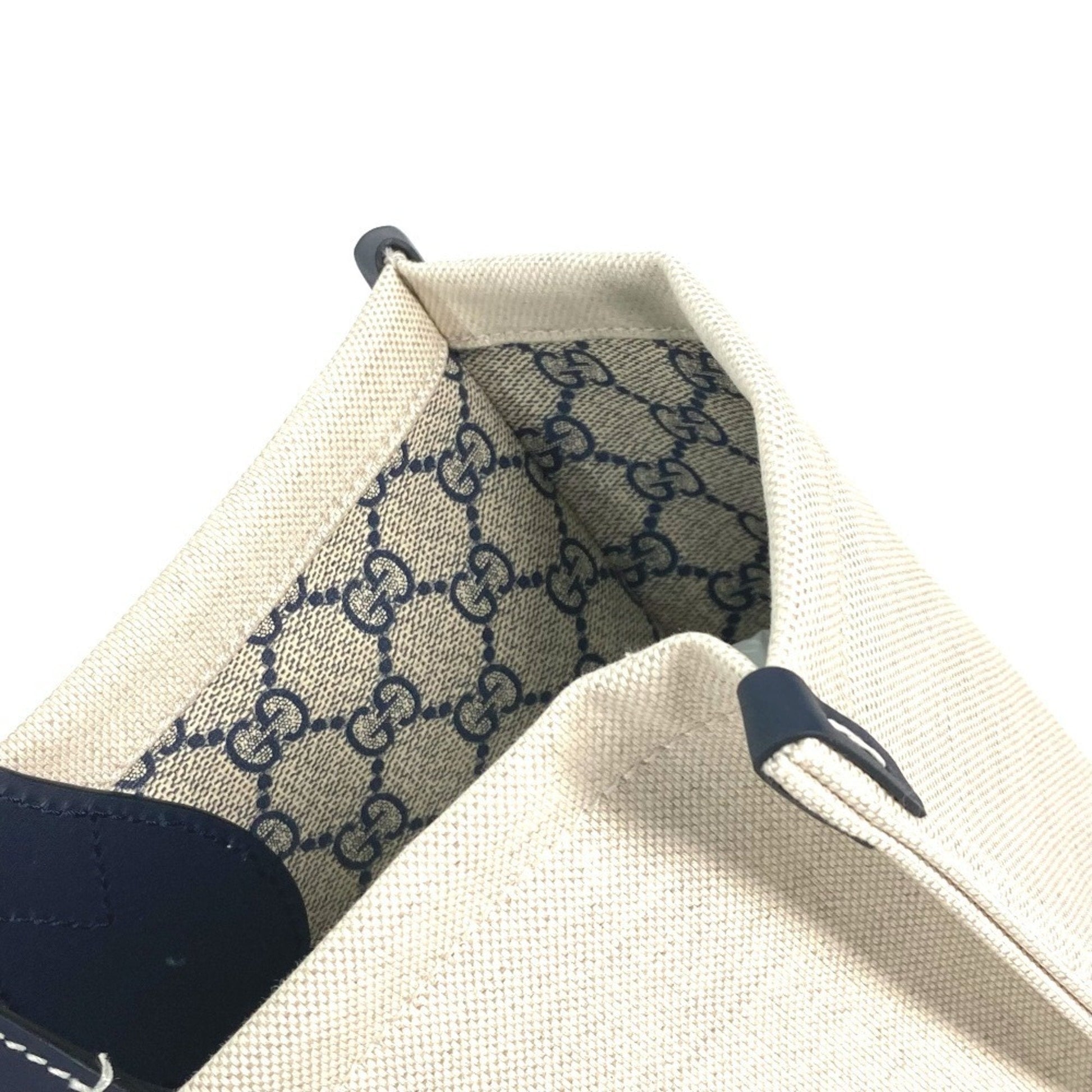 Gucci Beige Black Dark Navy Canvas Leather Shoulder Bag Tote Bag