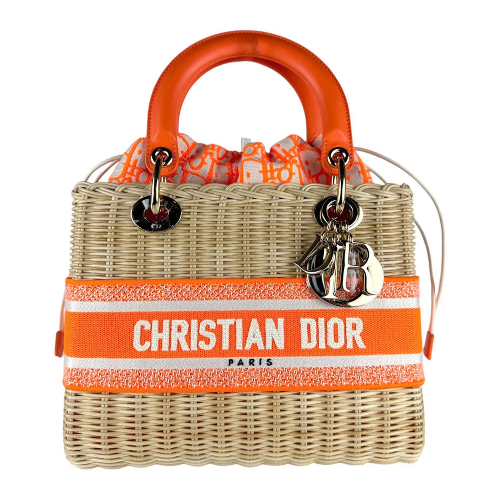 Dior Handbag Christian Neon Straw Shoulder Bag Leather Canvas Orange