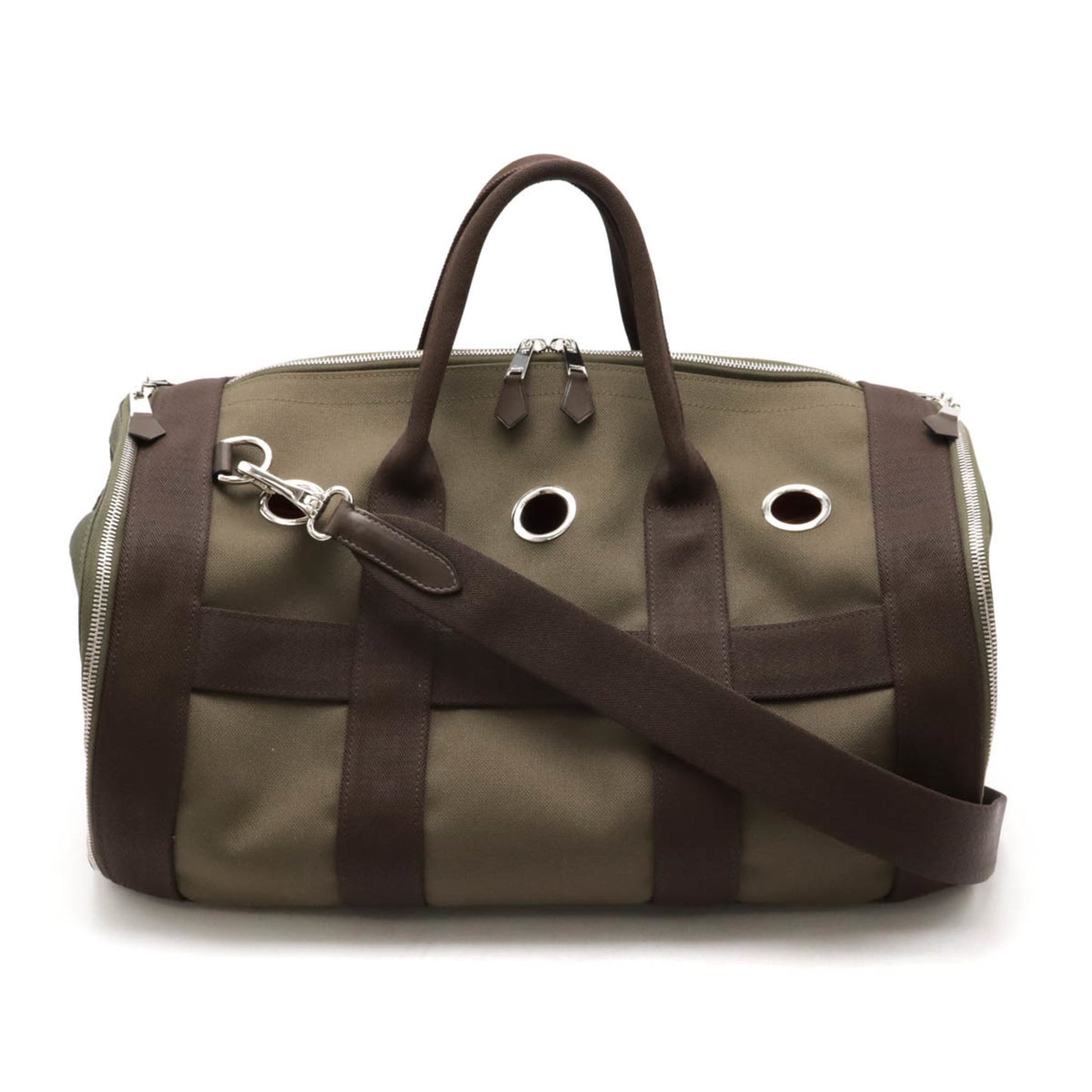 Hermes Dark Khaki Boston Bag Shoulder Bag Leather Canvas Brown