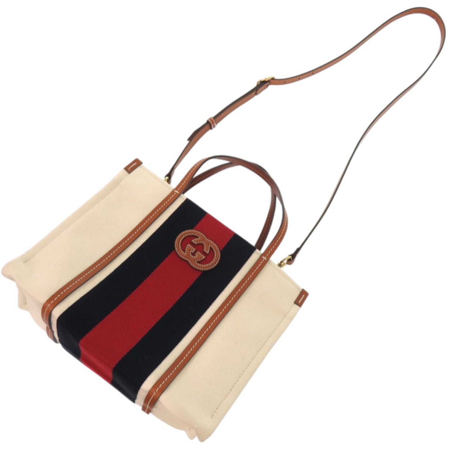 Gucci Sherry Line Navy Red Color White Canvas Tote Bag